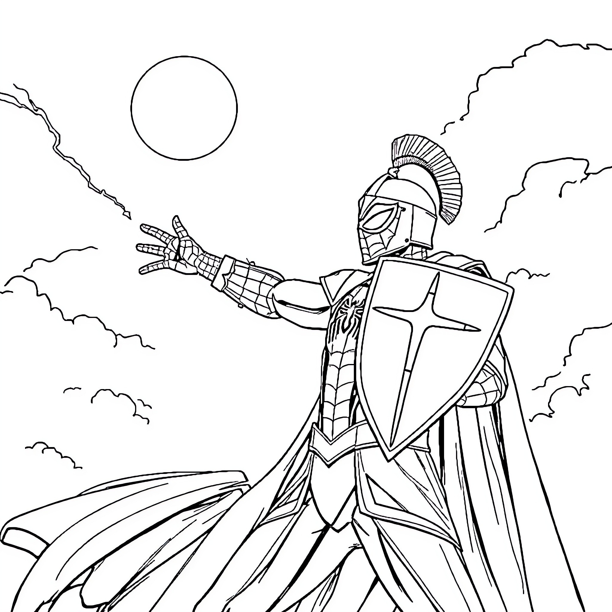 Spiderman battles a heroic knight with shield and sword Coloring Page (free black-and-white line drawing printable PDF for all, from beginners to advanced learners, including children, teens, adults, and seniors)