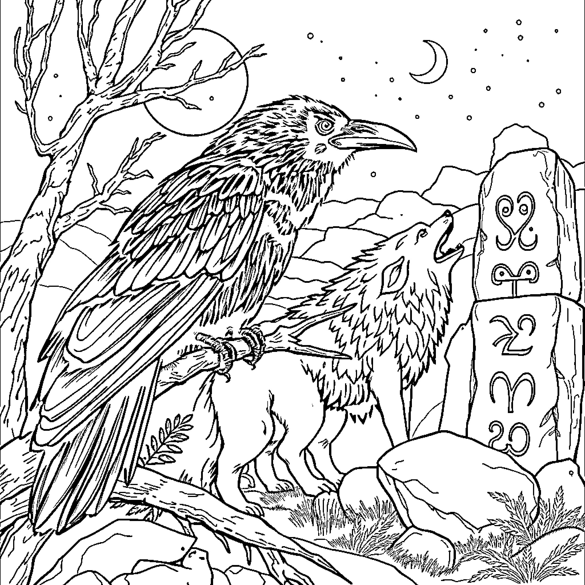 Raven's Nighttime Encounter in the Moonlit Forest Coloring Page (free black-and-white line drawing printable PDF for all, from beginners to advanced learners, including children, teens, adults, and seniors)