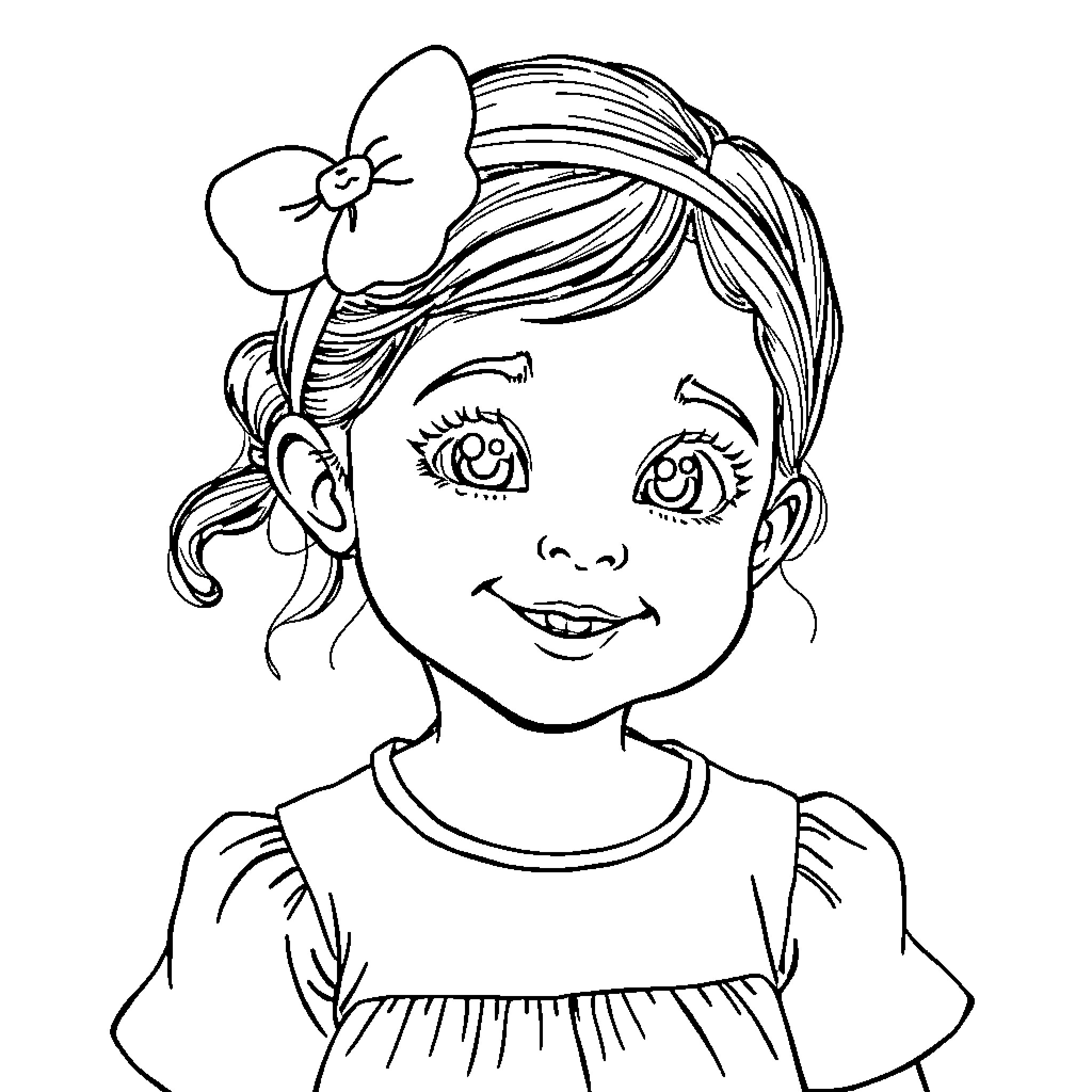 Camila's Joyful Smile and Flower Hairpiece Coloring Page (free black-and-white line drawing printable PDF for all, from beginners to advanced learners, including children, teens, adults, and seniors)