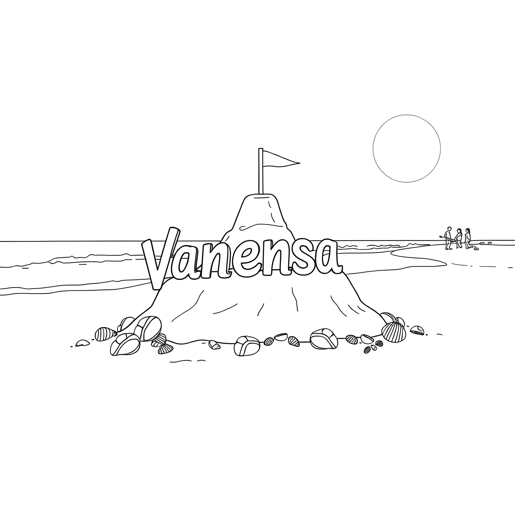 Vanessa's Seaside Adventure Coloring Page (free black-and-white line drawing printable PDF for all, from beginners to advanced learners, including children, teens, adults, and seniors)