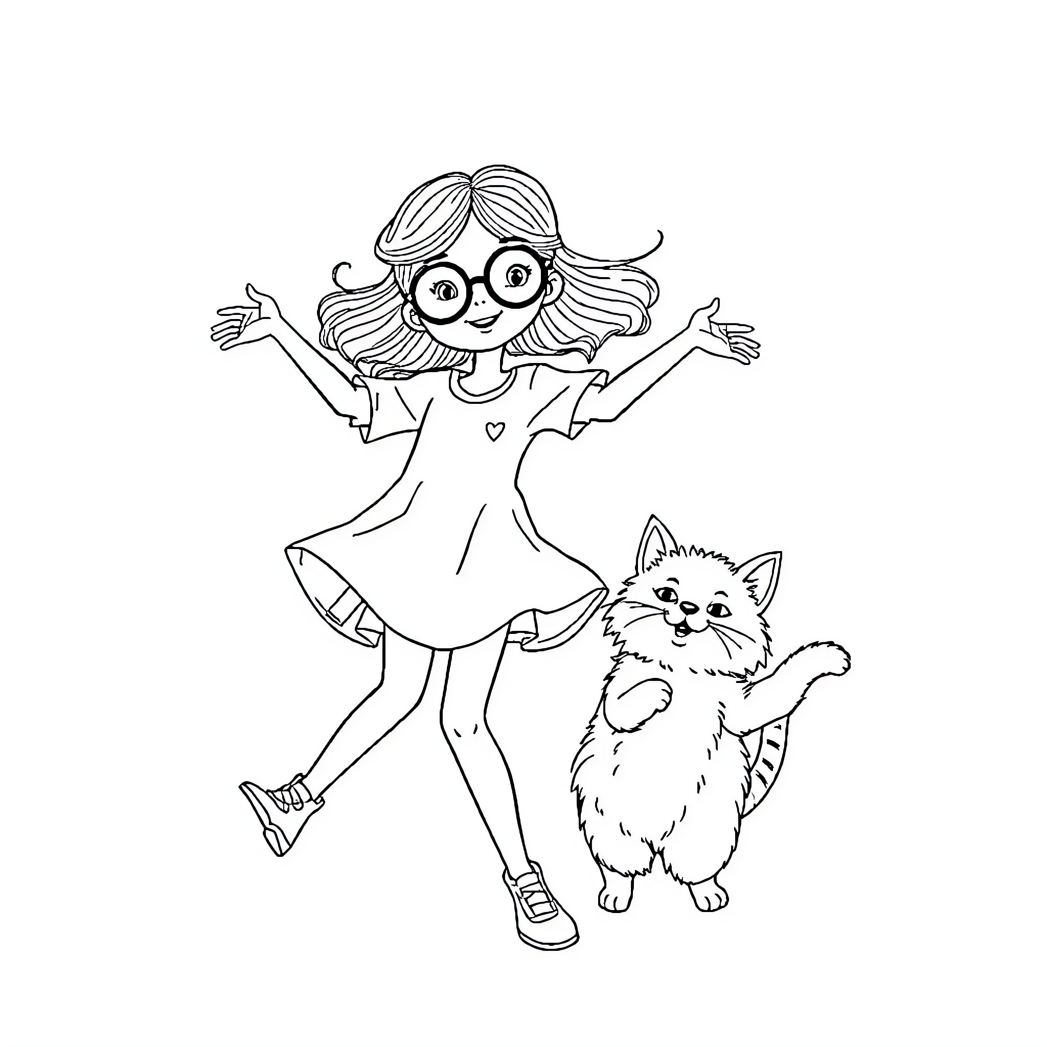 Girl Celebrating With Kitten in Playful Embrace Coloring Page (free black-and-white line drawing printable PDF for all, from beginners to advanced learners, including children, teens, adults, and seniors)