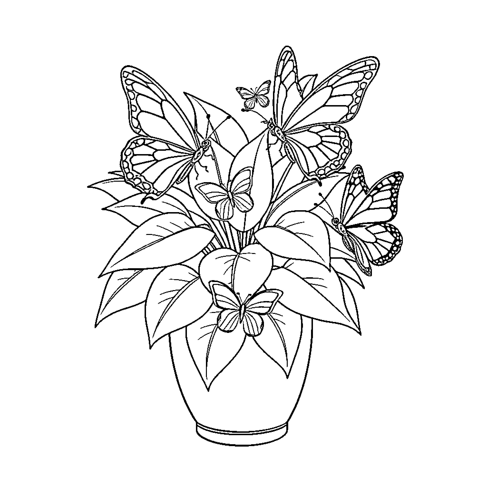 Butterfly Bouquet in Vase Coloring Page (free black-and-white line drawing printable PDF for all, from beginners to advanced learners, including children, teens, adults, and seniors)
