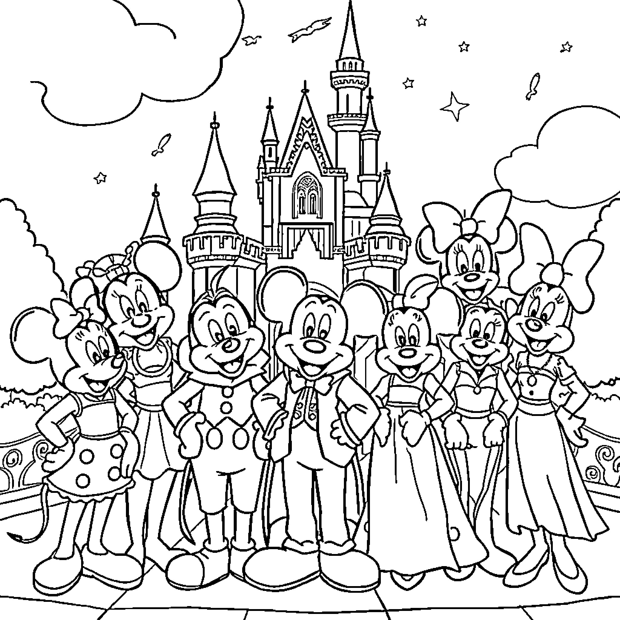 Disney Characters enjoying an enchanted castle scene Coloring Page (free black-and-white line drawing printable PDF for all, from beginners to advanced learners, including children, teens, adults, and seniors)