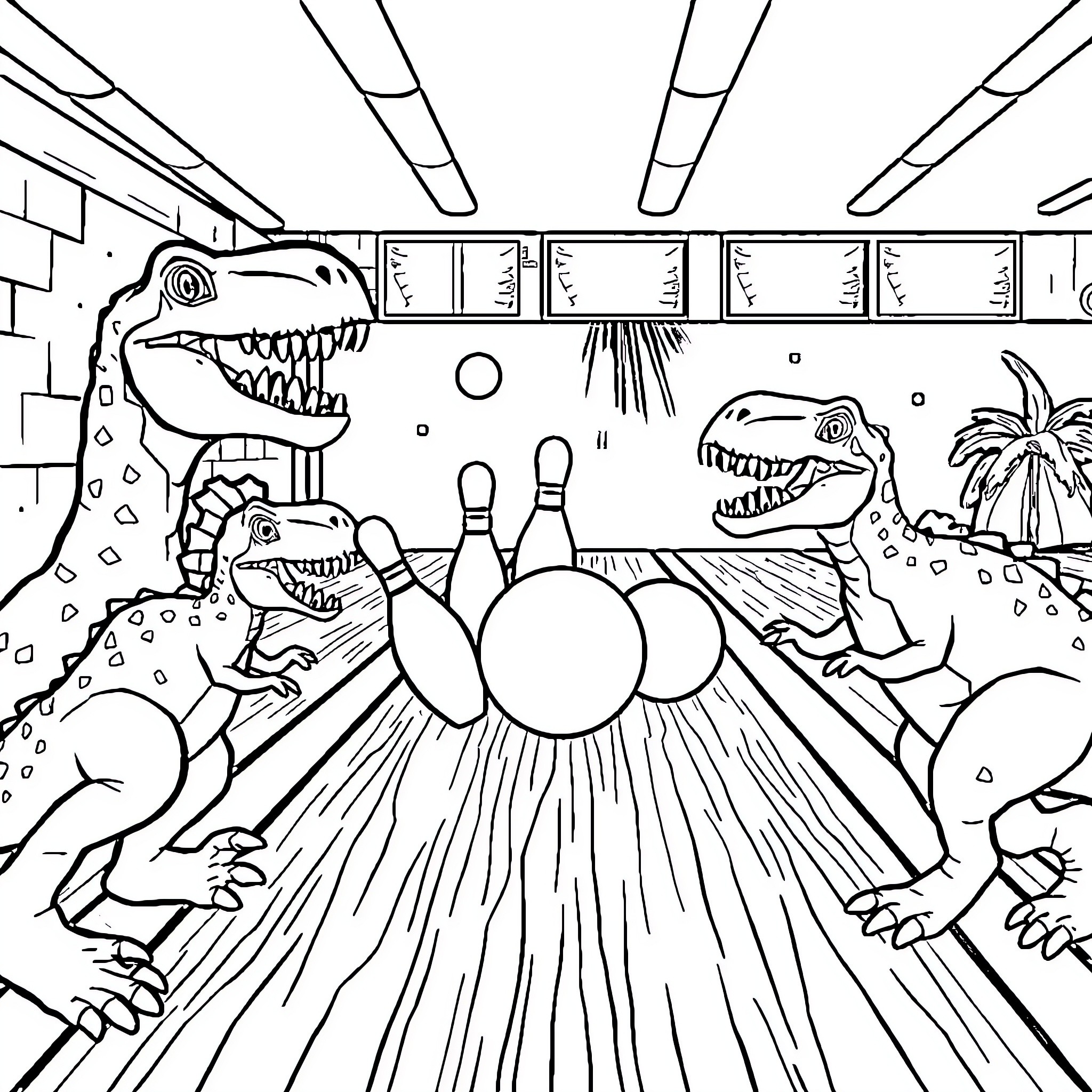 Dinosaurs playing a bowling game in the cave Coloring Page (free black-and-white line drawing printable PDF for all, from beginners to advanced learners, including children, teens, adults, and seniors)