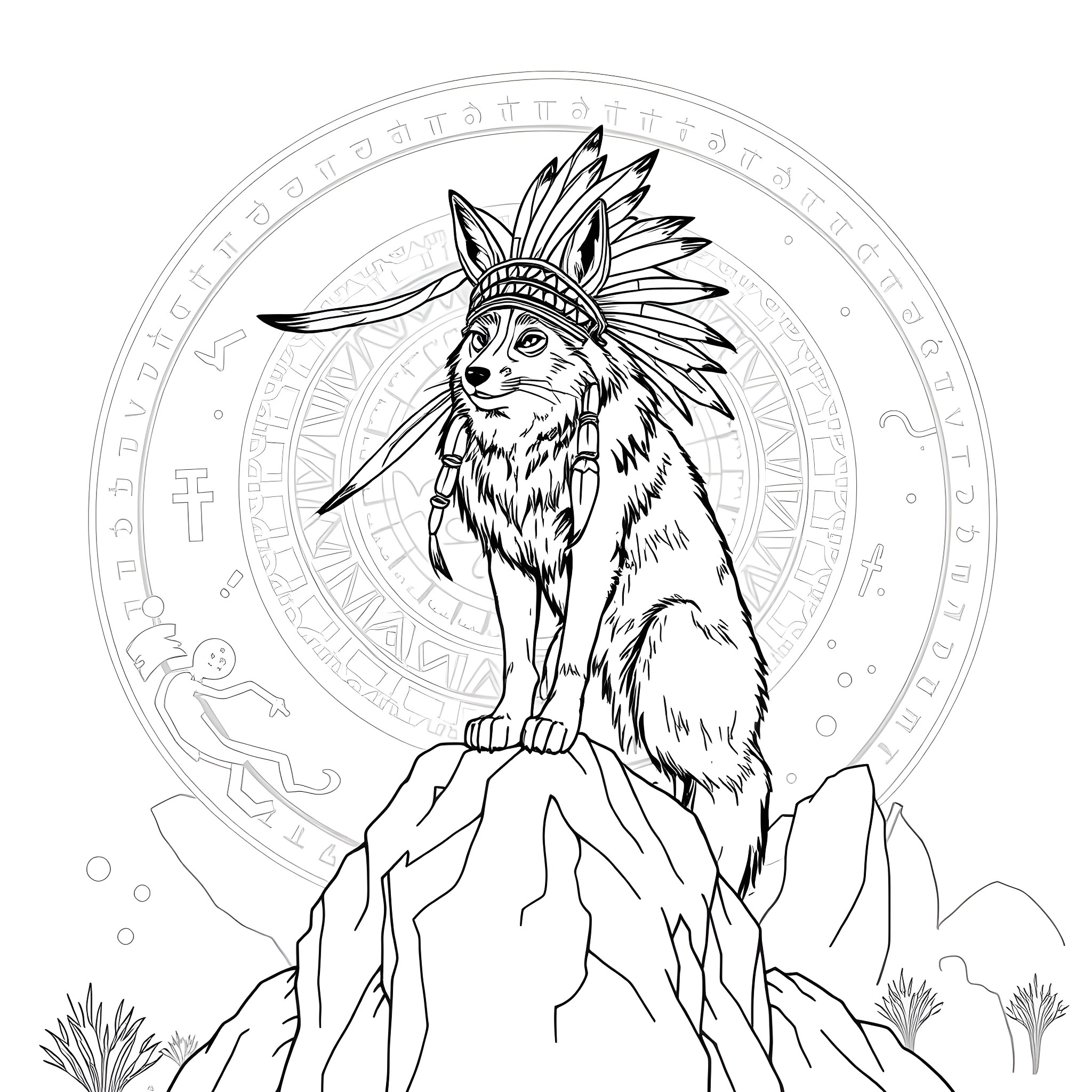 Coyote in ceremonial headpiece on rocky mountain Coloring Page (free black-and-white line drawing printable PDF for all, from beginners to advanced learners, including children, teens, adults, and seniors)