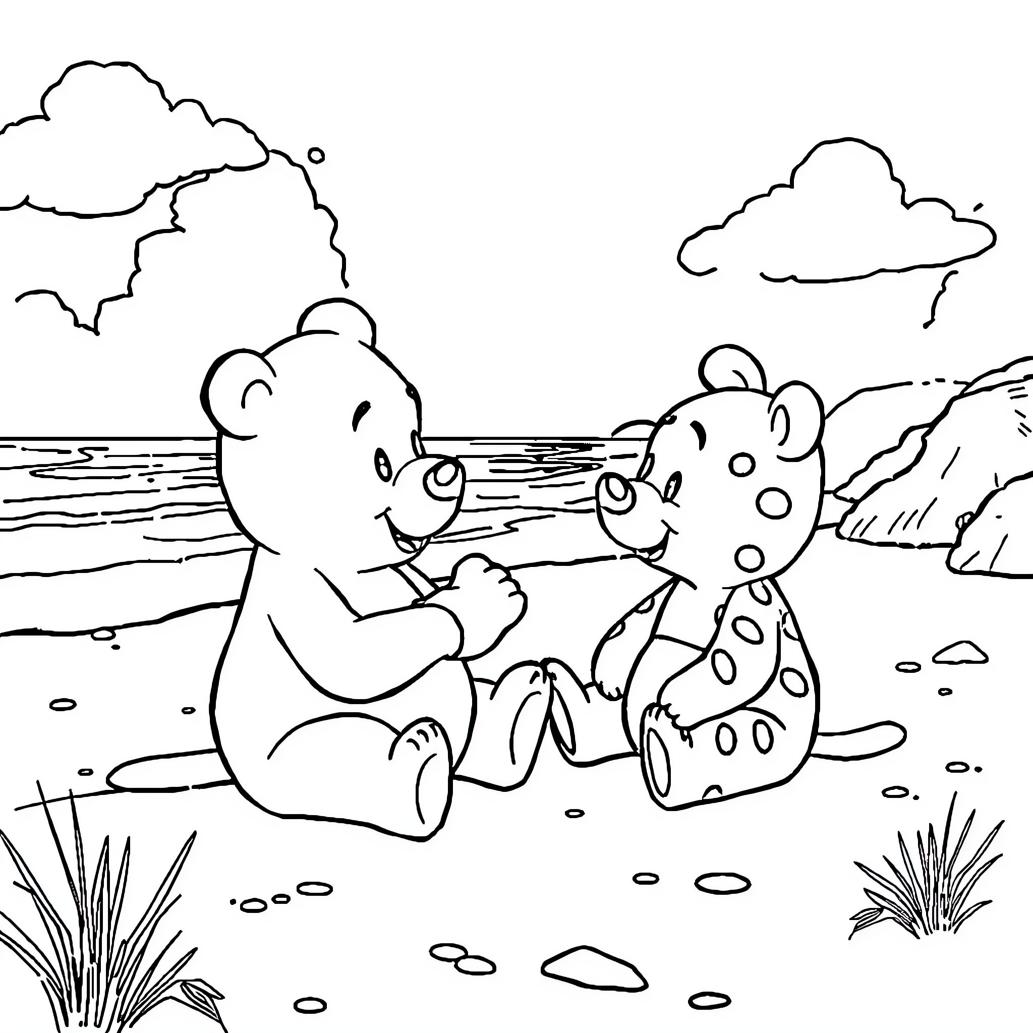 Winnie and her friend explore the outdoors Coloring Page (free black-and-white line drawing printable PDF for all, from beginners to advanced learners, including children, teens, adults, and seniors)