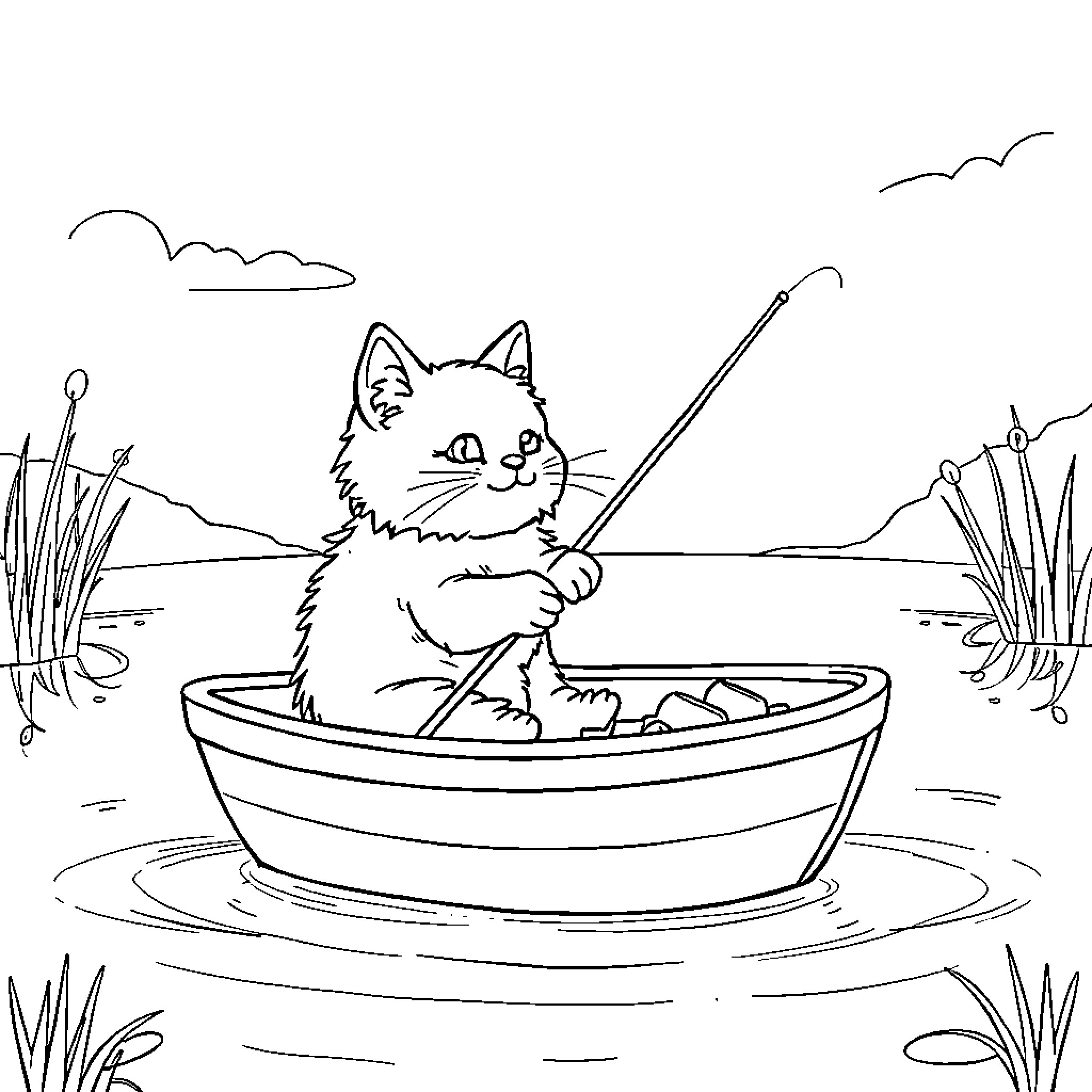 Cat fishing peacefully in the boat Coloring Page (free black-and-white line drawing printable PDF for all, from beginners to advanced learners, including children, teens, adults, and seniors)
