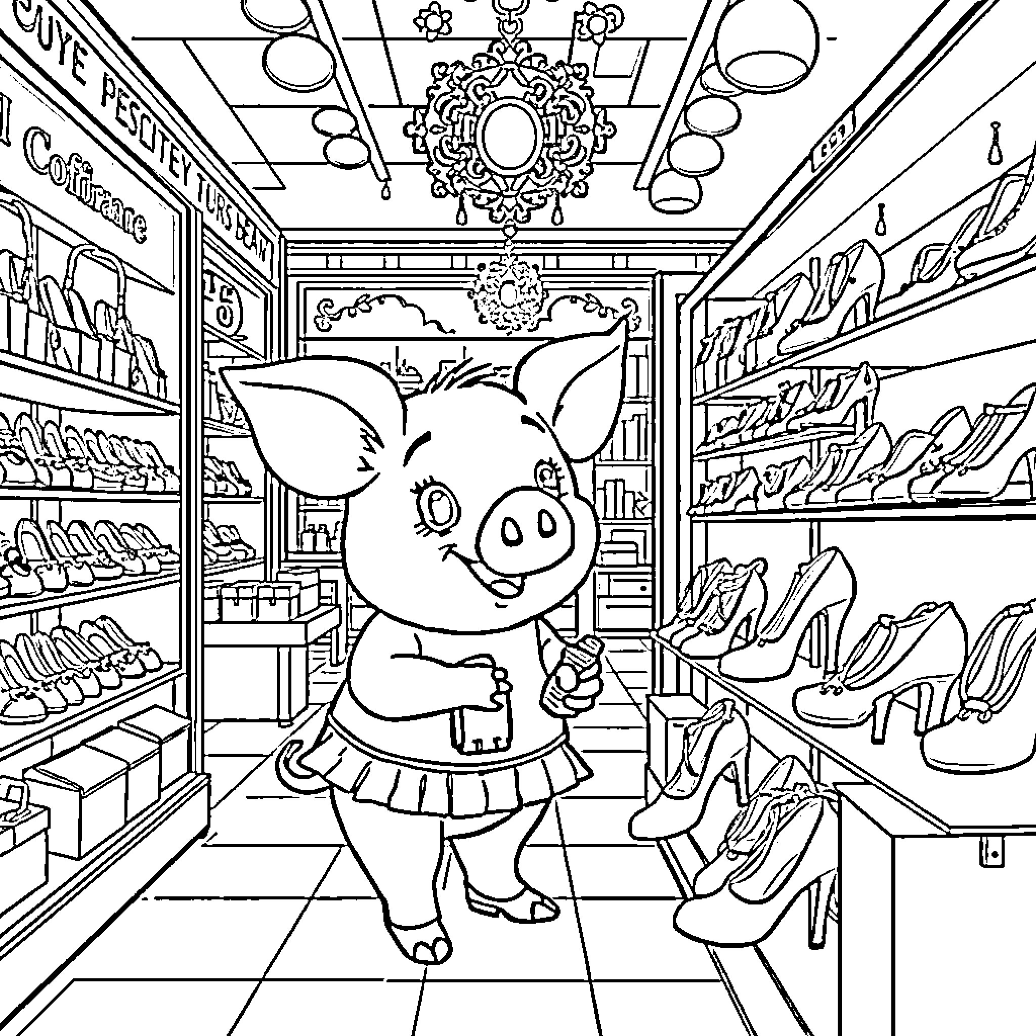 Pig enjoying a shopping spree at the boutique Coloring Page (free black-and-white line drawing printable PDF for all, from beginners to advanced learners, including children, teens, adults, and seniors)