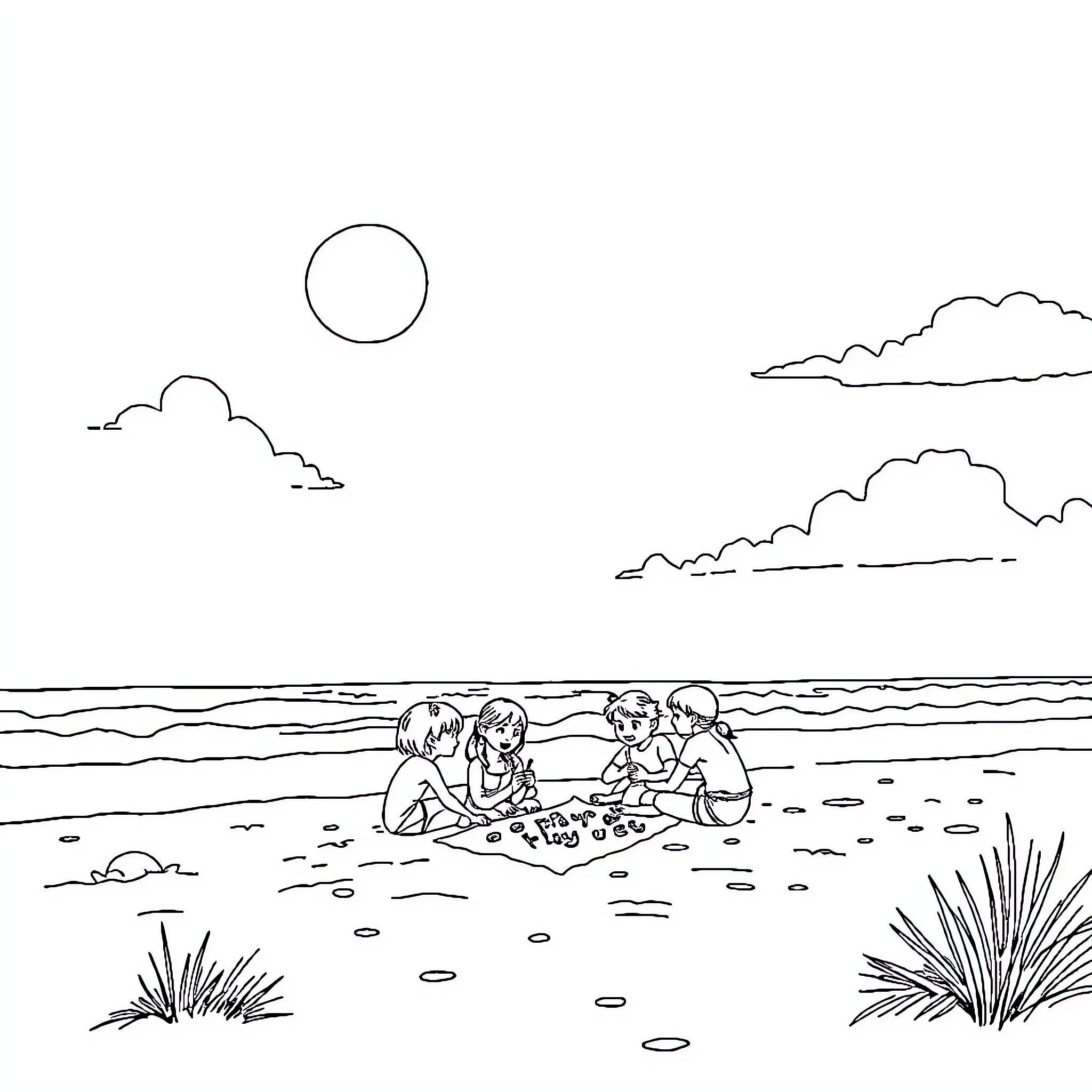Among Us Characters Having Fun at the Beach Coloring Page (free black-and-white line drawing printable PDF for all, from beginners to advanced learners, including children, teens, adults, and seniors)