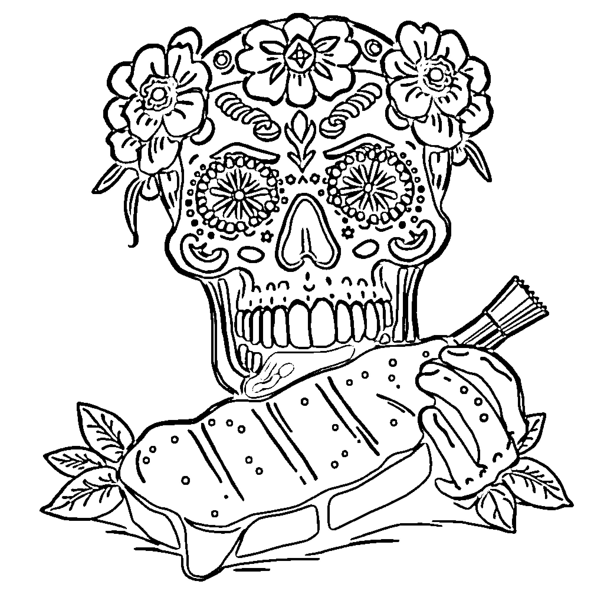 Sugar Skull with Floral Headpiece and Tacos Coloring Page (free black-and-white line drawing printable PDF for all, from beginners to advanced learners, including children, teens, adults, and seniors)