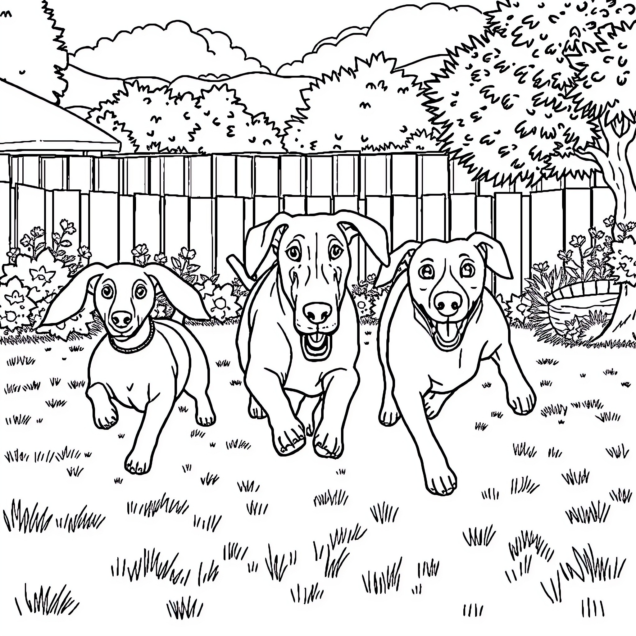 Dogs playing happily in the backyard Coloring Page (free black-and-white line drawing printable PDF for all, from beginners to advanced learners, including children, teens, adults, and seniors)