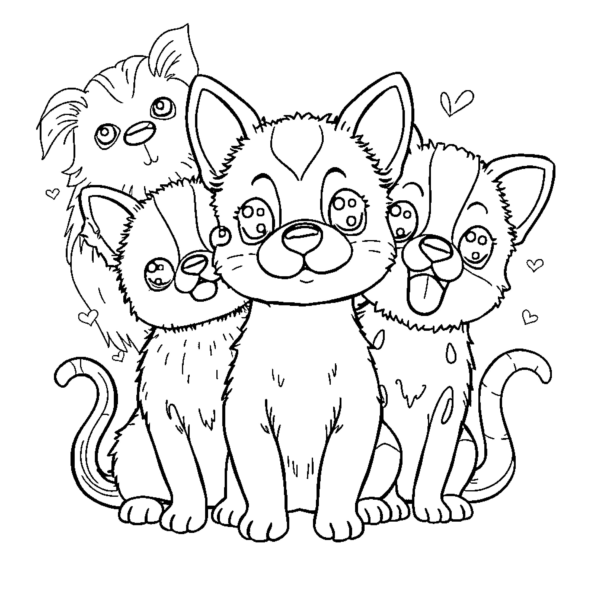 Pet kittens playing together happily Coloring Page (free black-and-white line drawing printable PDF for all, from beginners to advanced learners, including children, teens, adults, and seniors)