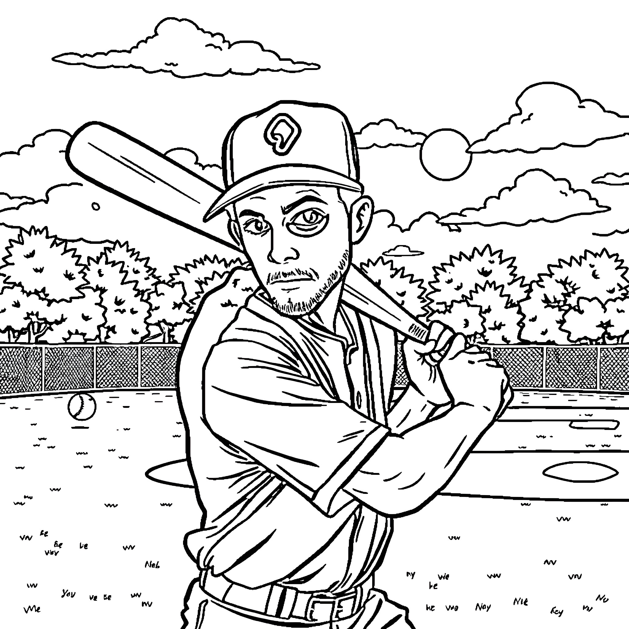 Man wearing baseball uniform in sports field Coloring Page (free black-and-white line drawing printable PDF for all, from beginners to advanced learners, including children, teens, adults, and seniors)