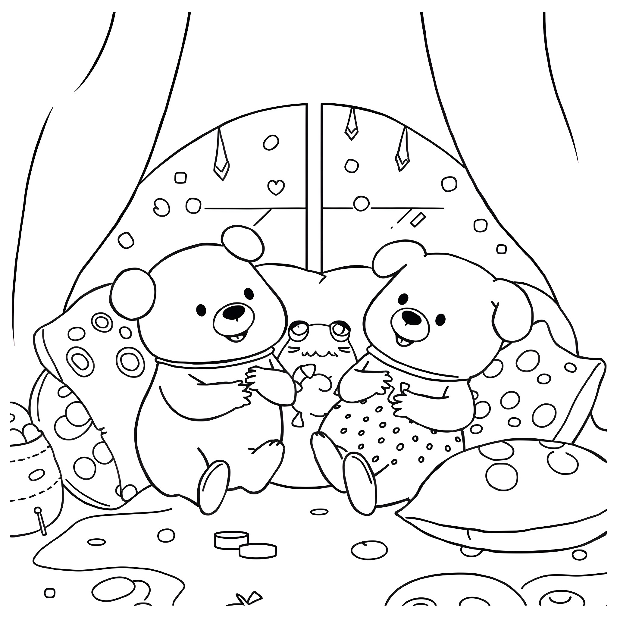 Dugee and friends enjoying a cozy indoor scene Coloring Page (free black-and-white line drawing printable PDF for all, from beginners to advanced learners, including children, teens, adults, and seniors)