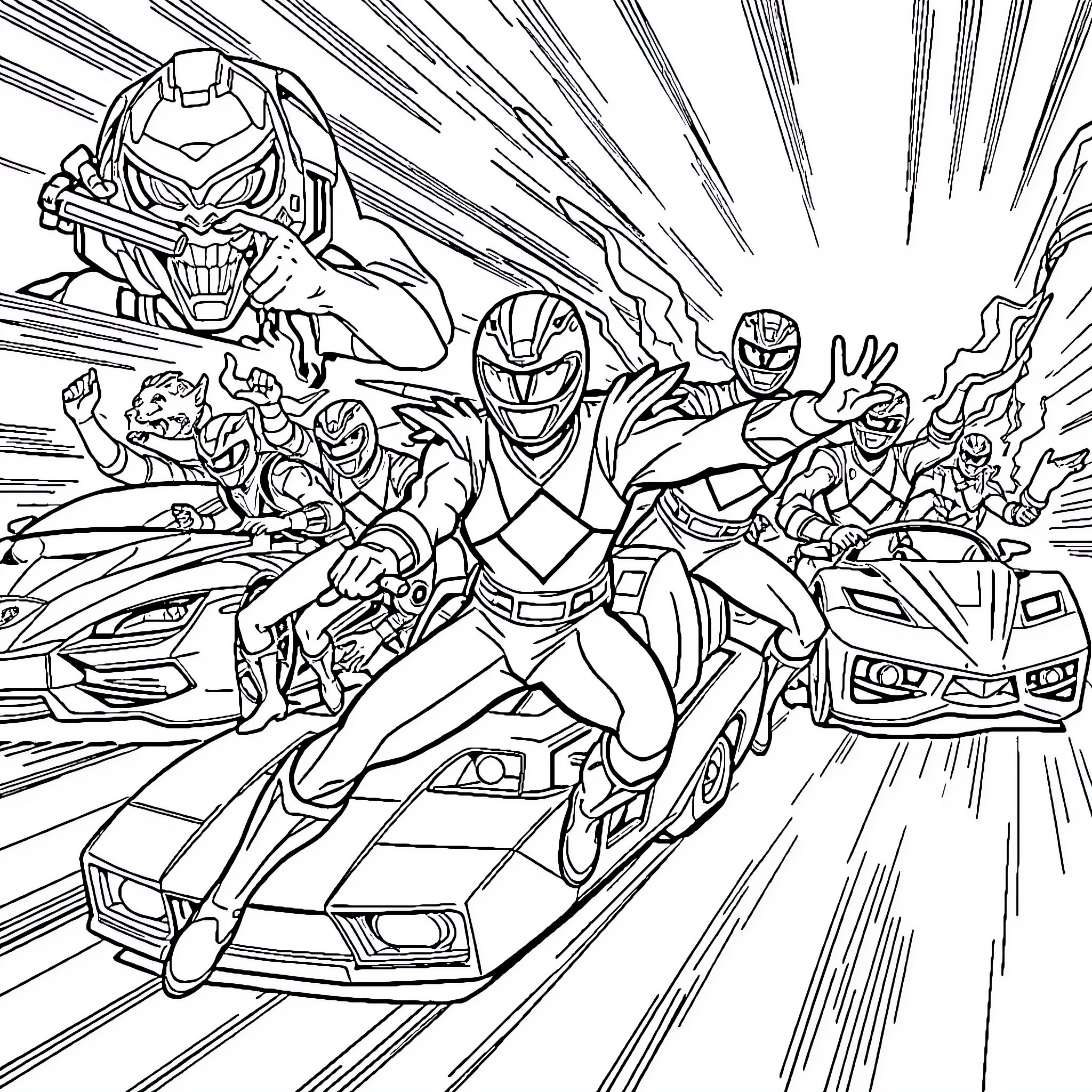 Car Race with Superhero Characters Coloring Page (free black-and-white line drawing printable PDF for all, from beginners to advanced learners, including children, teens, adults, and seniors)
