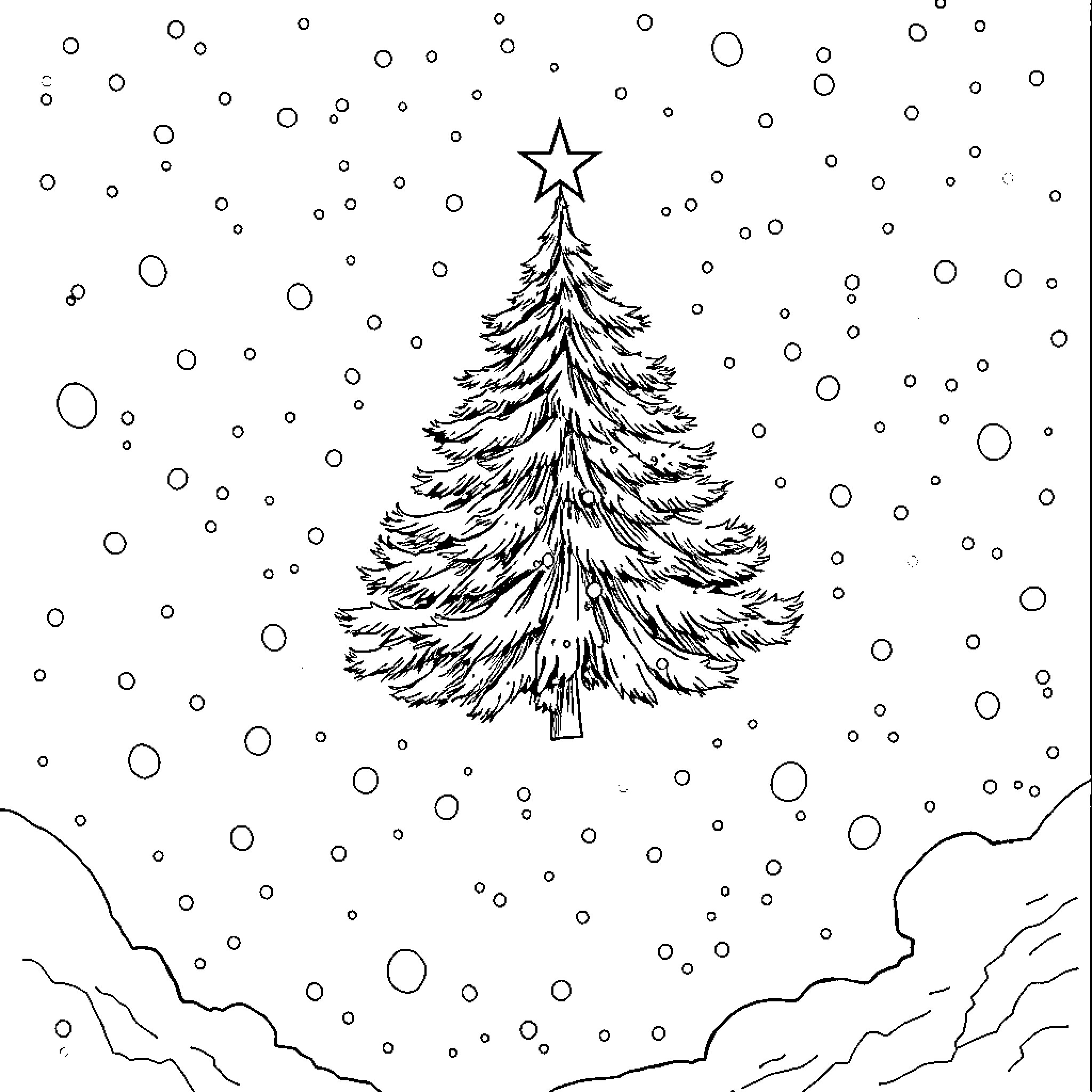 Flying Tree with Winter Wonderland Scene Coloring Page (free black-and-white line drawing printable PDF for all, from beginners to advanced learners, including children, teens, adults, and seniors)
