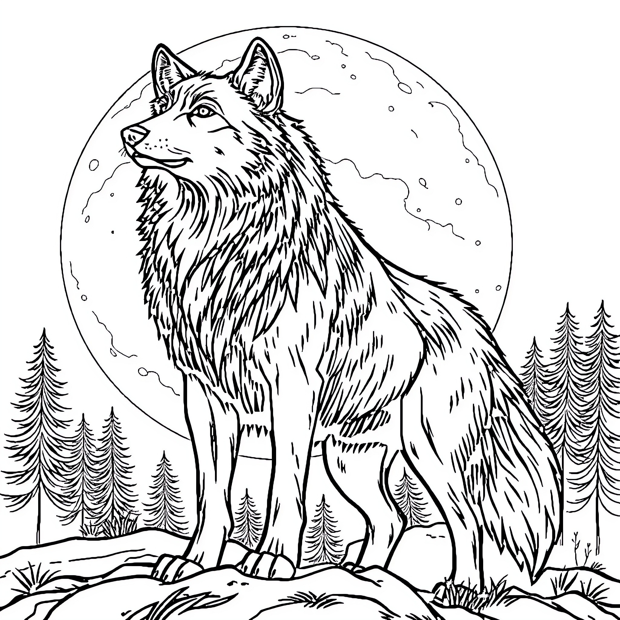 Wolf howling at the moon in the forest Coloring Page (free black-and-white line drawing printable PDF for all, from beginners to advanced learners, including children, teens, adults, and seniors)