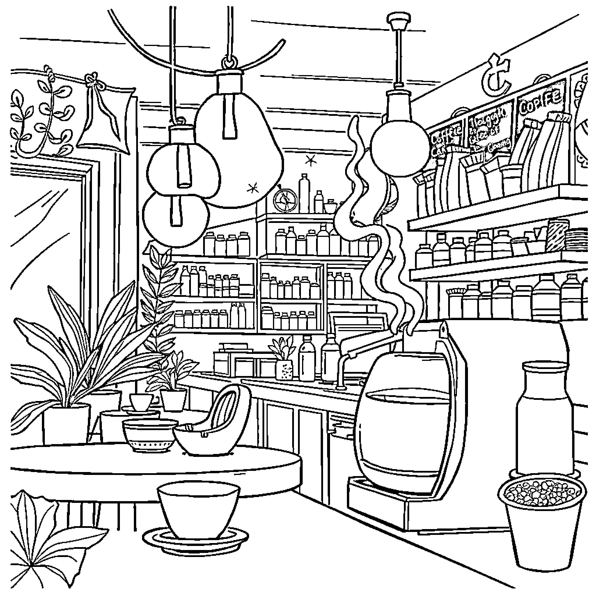 Coffee Shop with Cozy Interior Decor and Appliances Coloring Page (free black-and-white line drawing printable PDF for all, from beginners to advanced learners, including children, teens, adults, and seniors)