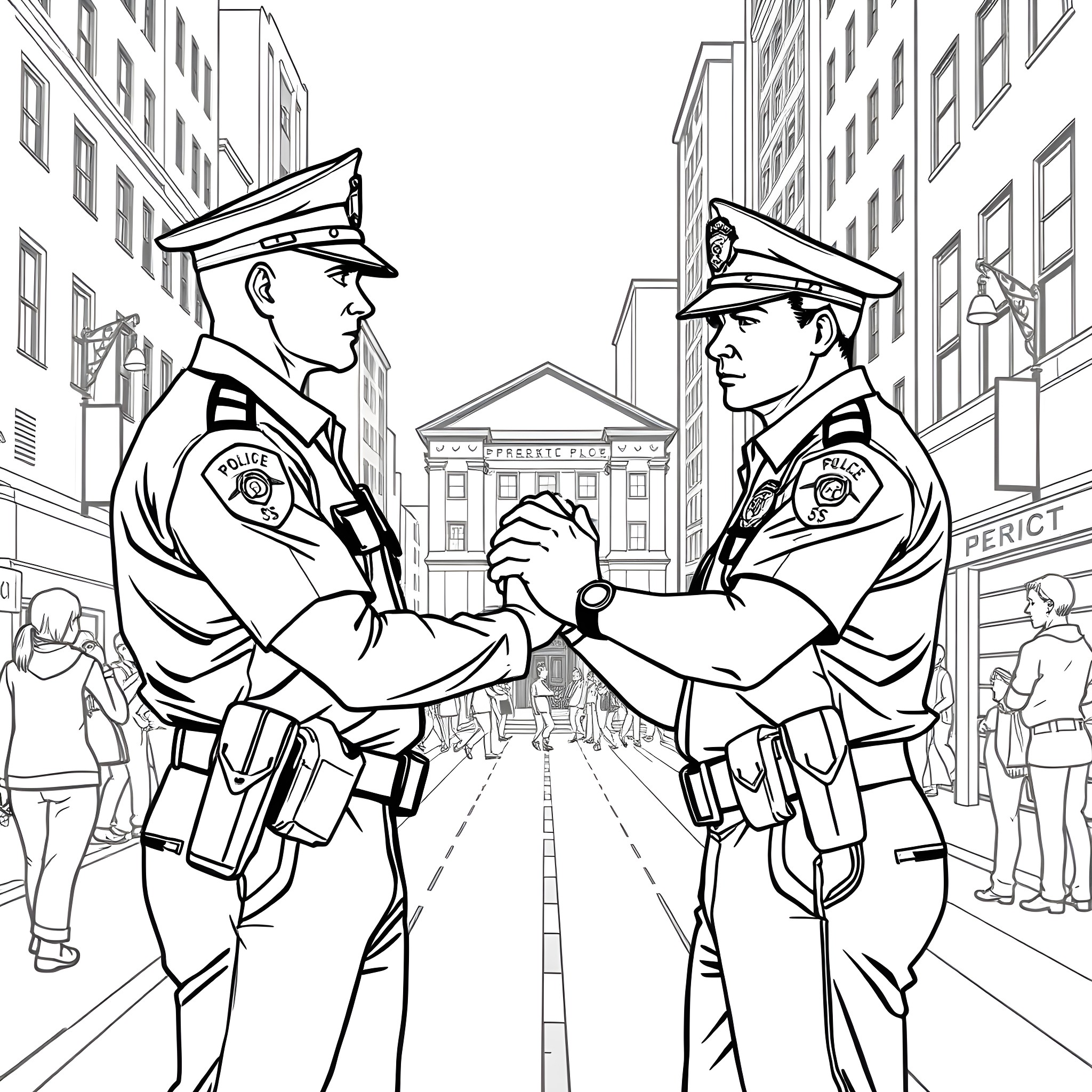 Police Officers Shaking Hands in the City Coloring Page (free black-and-white line drawing printable PDF for all, from beginners to advanced learners, including children, teens, adults, and seniors)