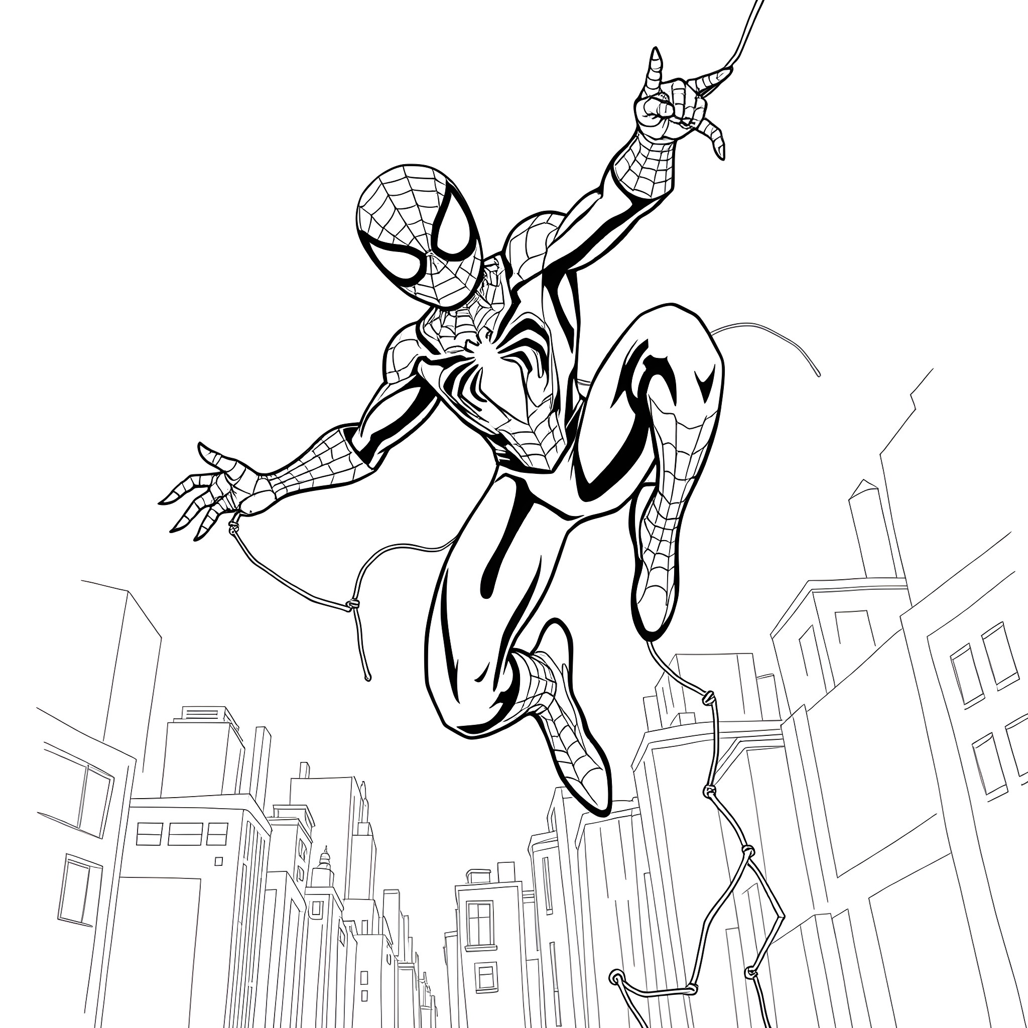 Spider-Man swinging through the city in action pose Coloring Page (free black-and-white line drawing printable PDF for all, from beginners to advanced learners, including children, teens, adults, and seniors)