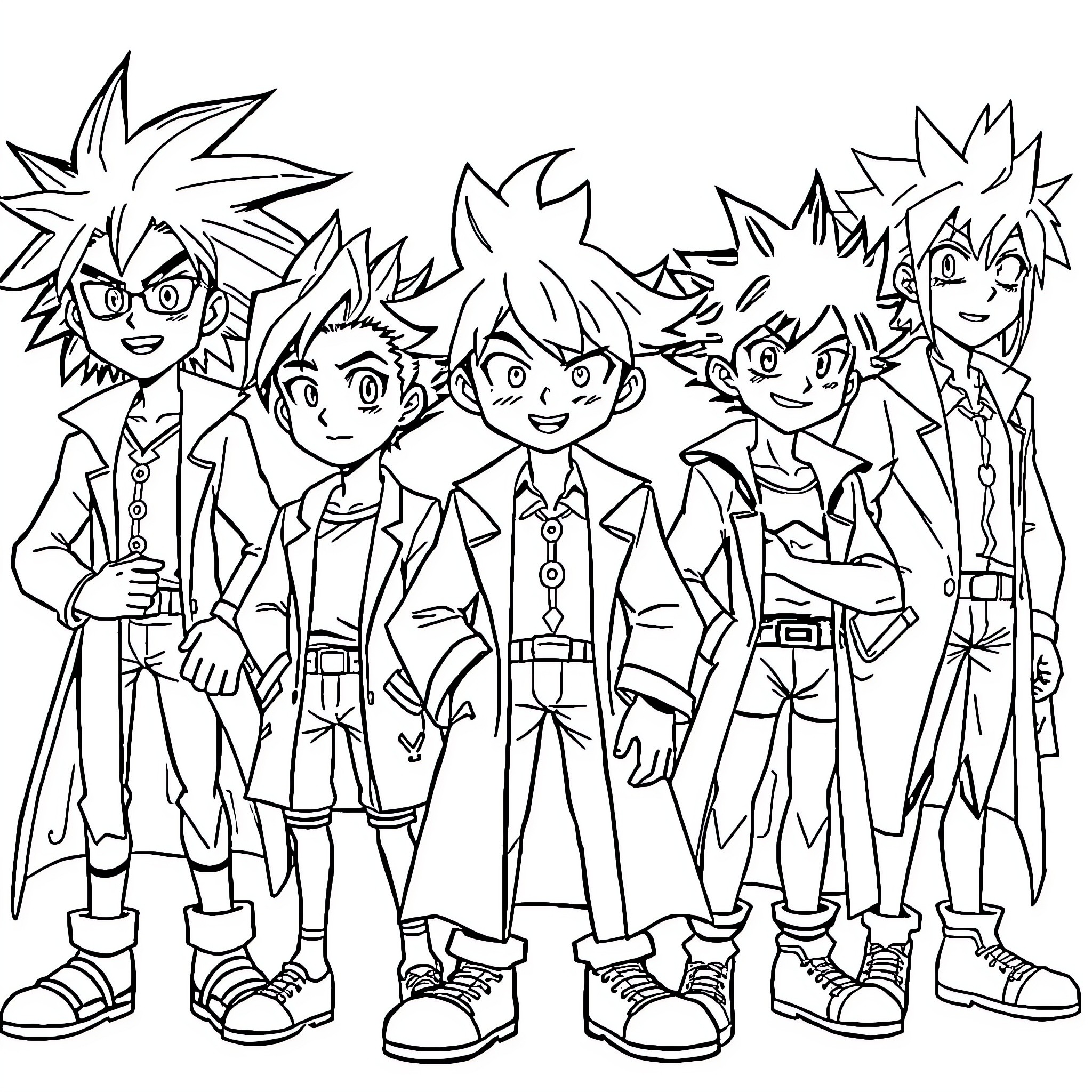 Dr Stone group of characters in various outfits Coloring Page (free black-and-white line drawing printable PDF for all, from beginners to advanced learners, including children, teens, adults, and seniors)