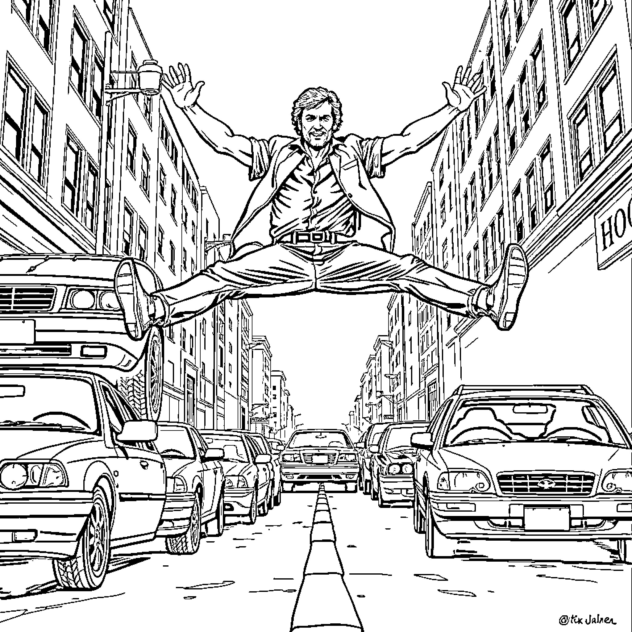 Chuck Norris performs heroic high-kick in bustling city street Coloring Page (free black-and-white line drawing printable PDF for all, from beginners to advanced learners, including children, teens, adults, and seniors)