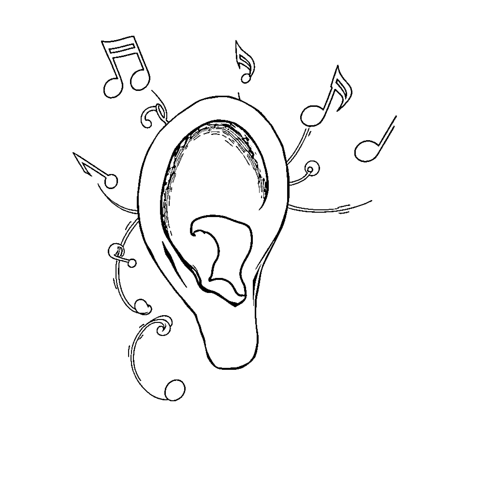 Music Note Listening to Melodious Tunes Coloring Page (free black-and-white line drawing printable PDF for all, from beginners to advanced learners, including children, teens, adults, and seniors)