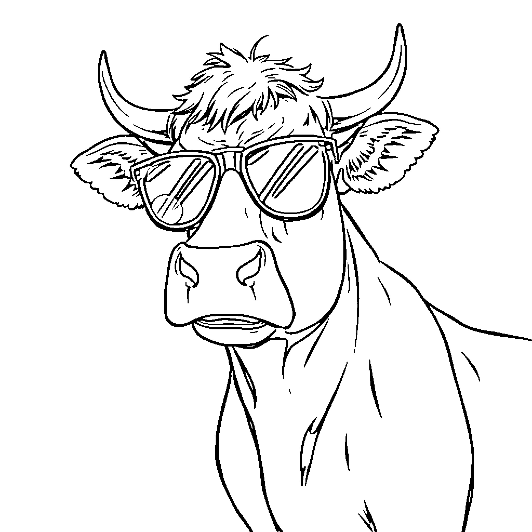 Cow wearing stylish glasses Coloring Page (free black-and-white line drawing printable PDF for all, from beginners to advanced learners, including children, teens, adults, and seniors)
