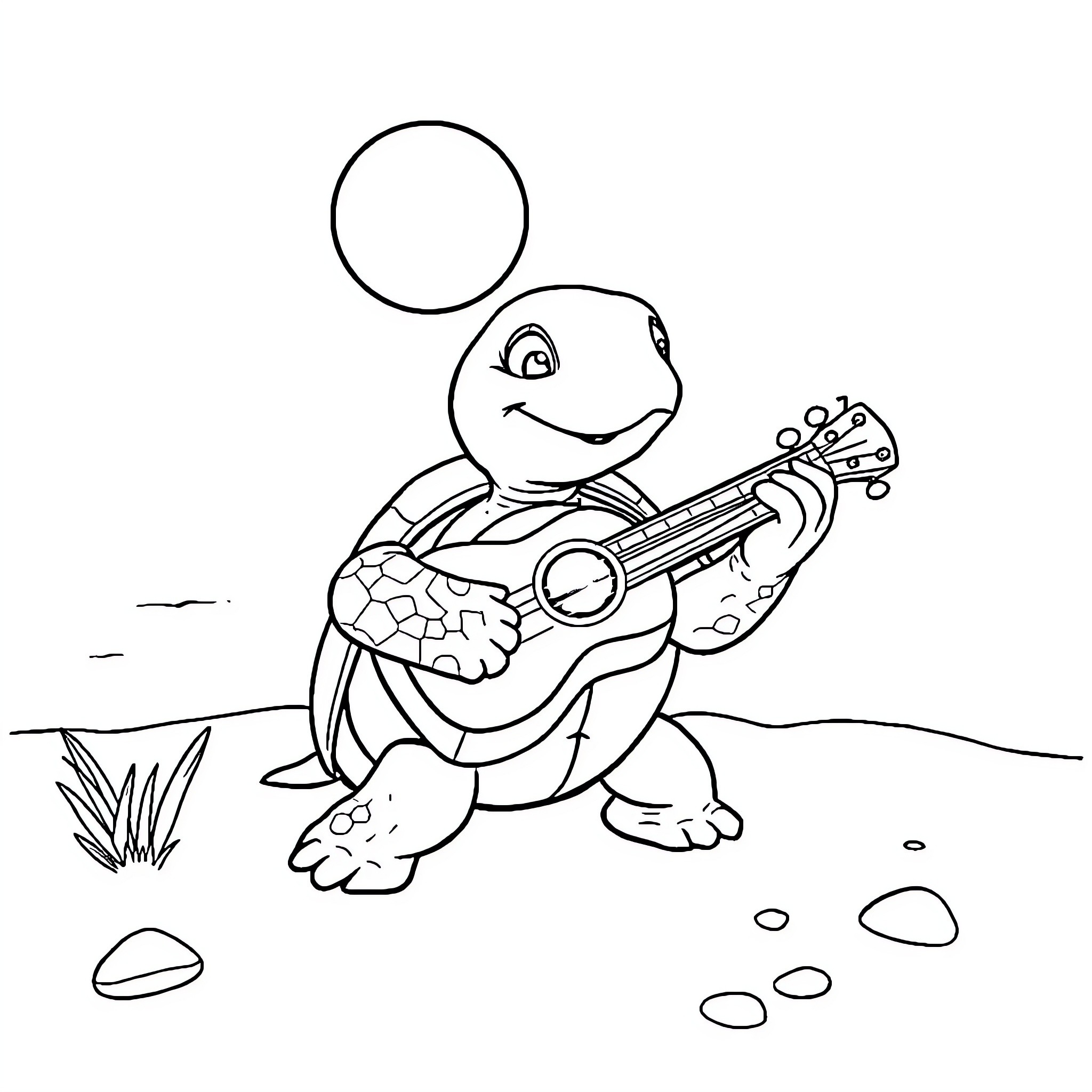 Turtle playing a guitar in the outdoors Coloring Page (free black-and-white line drawing printable PDF for all, from beginners to advanced learners, including children, teens, adults, and seniors)