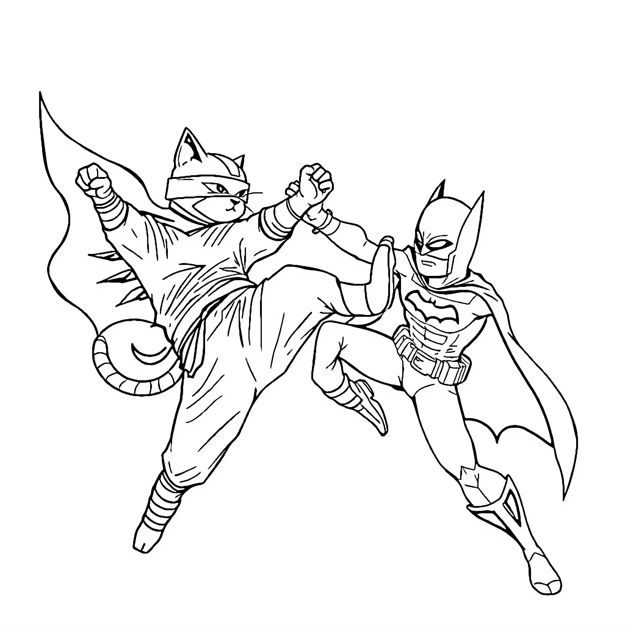 Ninja Cat battles against heroic caped crusader Coloring Page (free black-and-white line drawing printable PDF for all, from beginners to advanced learners, including children, teens, adults, and seniors)