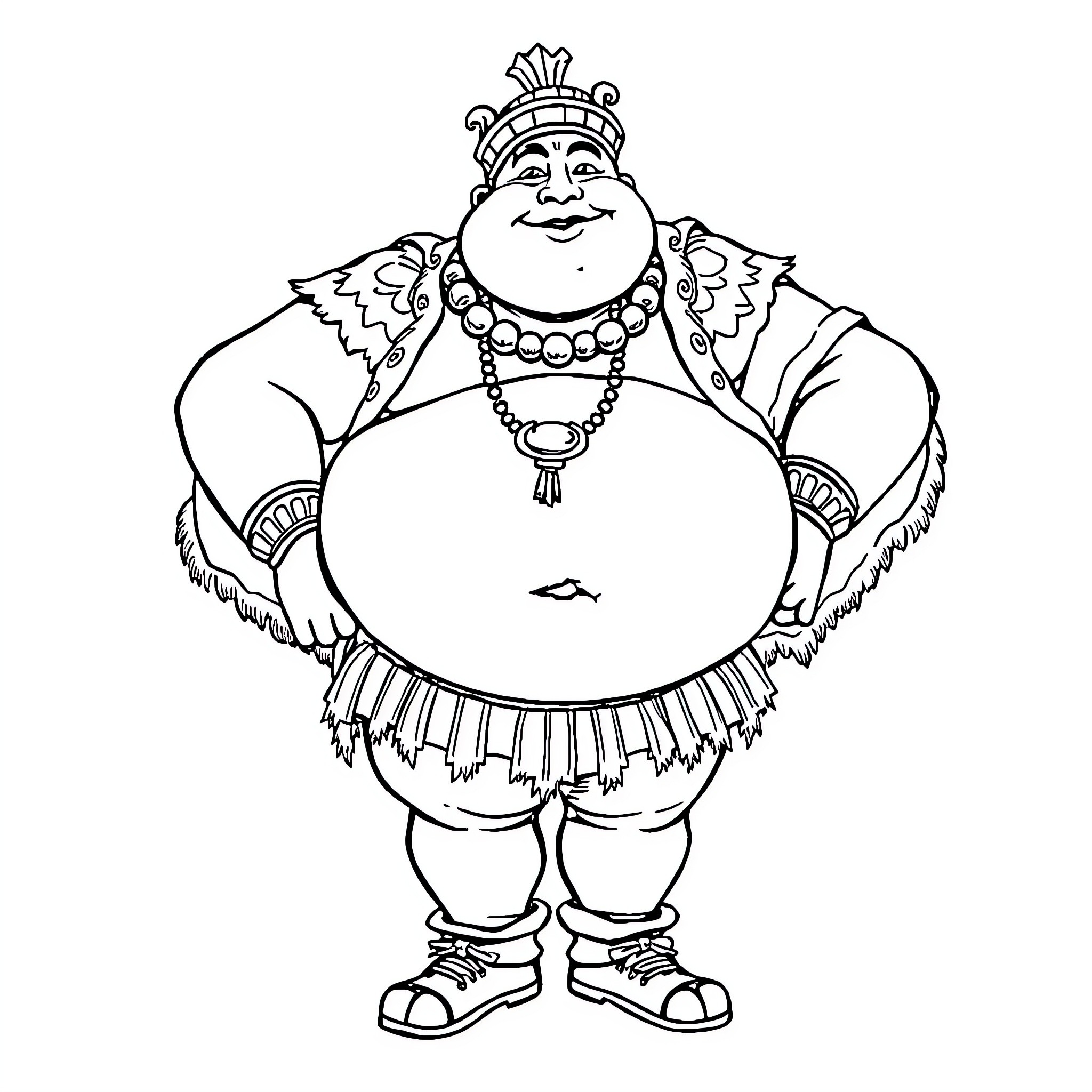 Fatman in ceremonial attire striking a pose Coloring Page (free black-and-white line drawing printable PDF for all, from beginners to advanced learners, including children, teens, adults, and seniors)