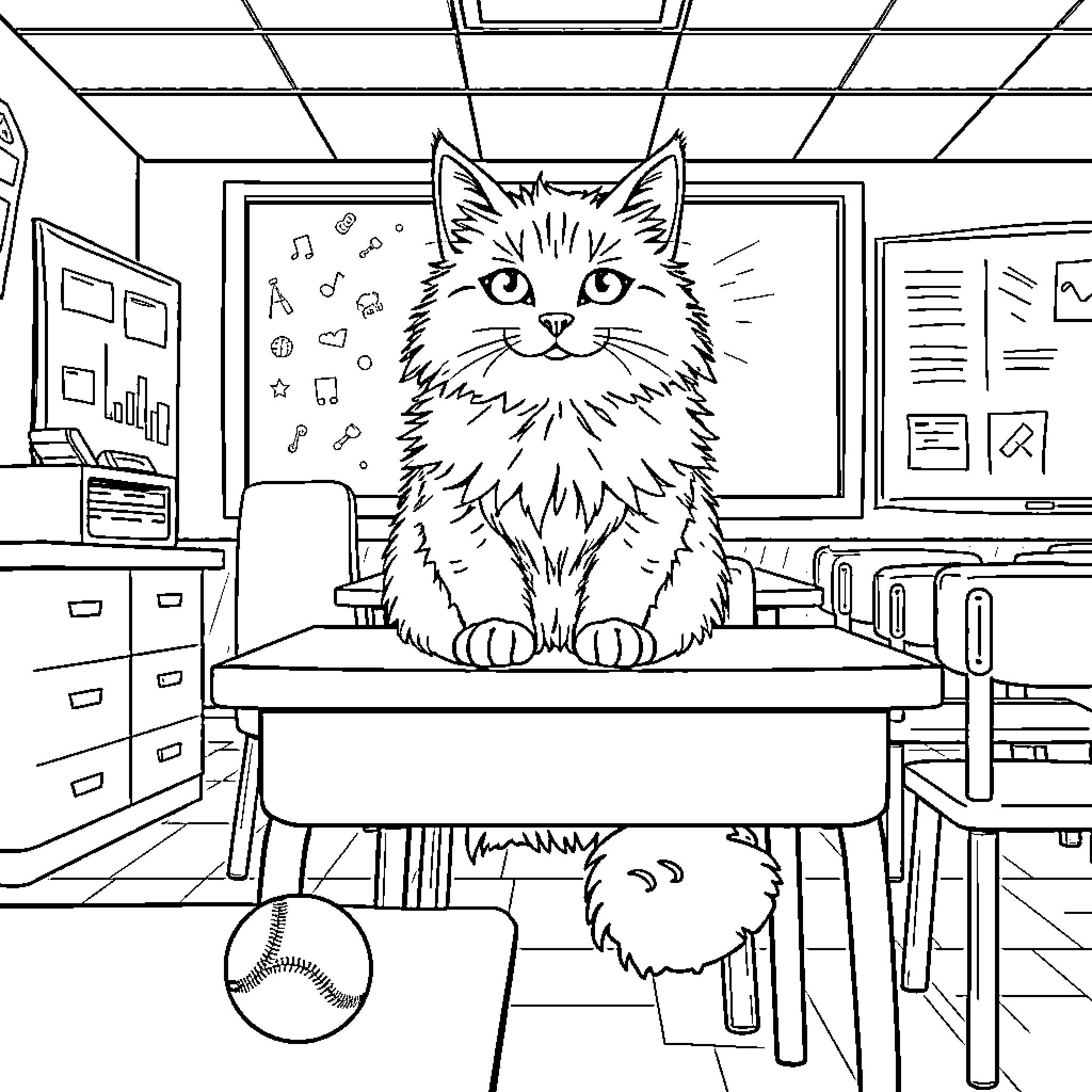 Cat sitting on desk in classroom Coloring Page (free black-and-white line drawing printable PDF for all, from beginners to advanced learners, including children, teens, adults, and seniors)