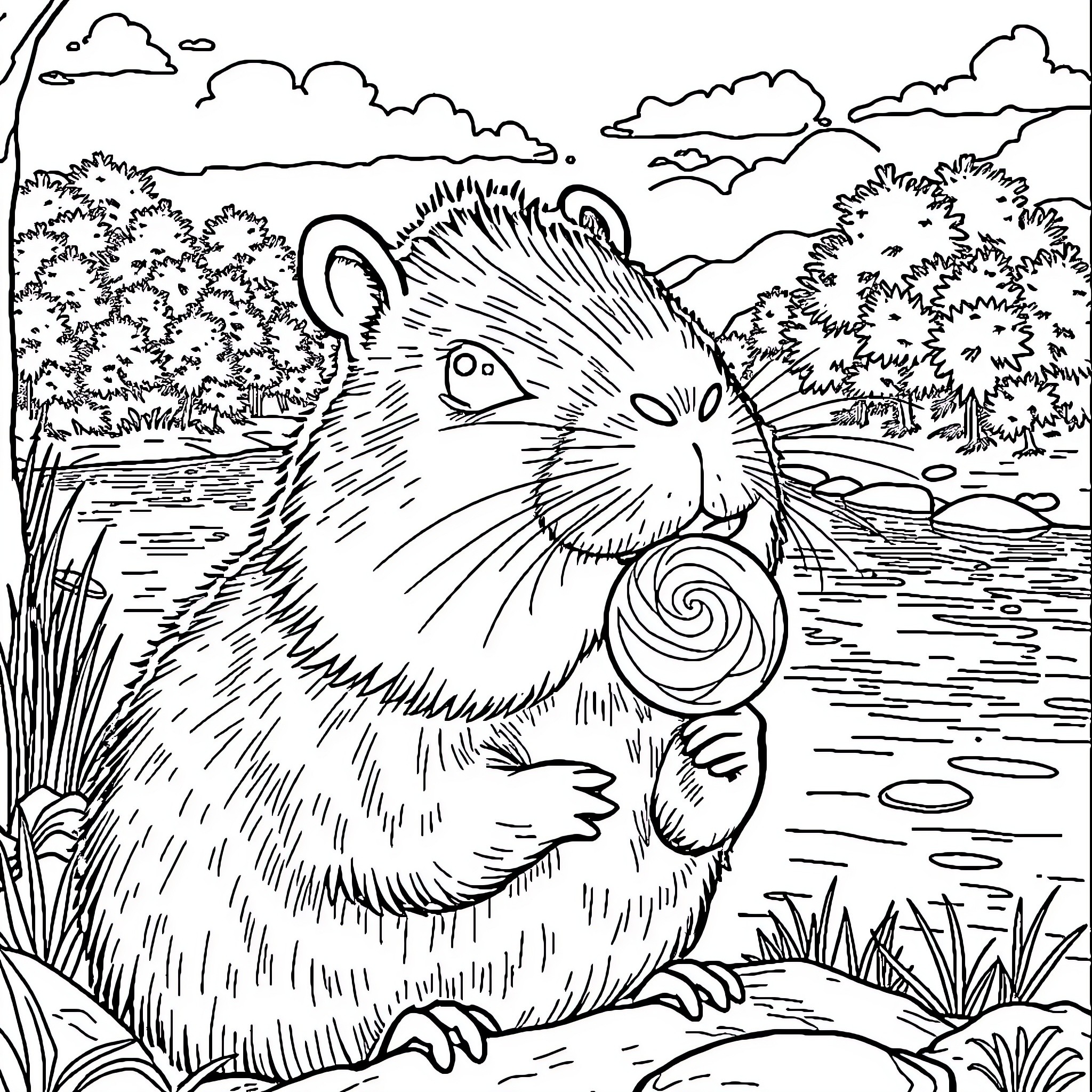 Capybara enjoying the natural surroundings Coloring Page (free black-and-white line drawing printable PDF for all, from beginners to advanced learners, including children, teens, adults, and seniors)