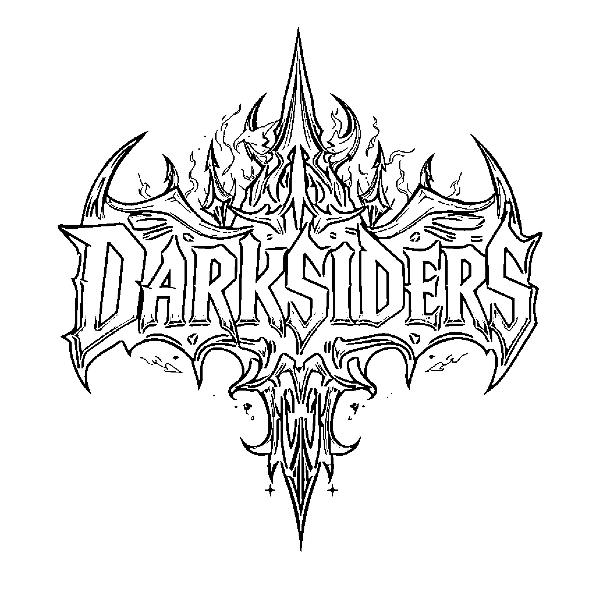 Darksiders: Fierce Demonic Imagery and Fiery Emblem Coloring Page (free black-and-white line drawing printable PDF for all, from beginners to advanced learners, including children, teens, adults, and seniors)