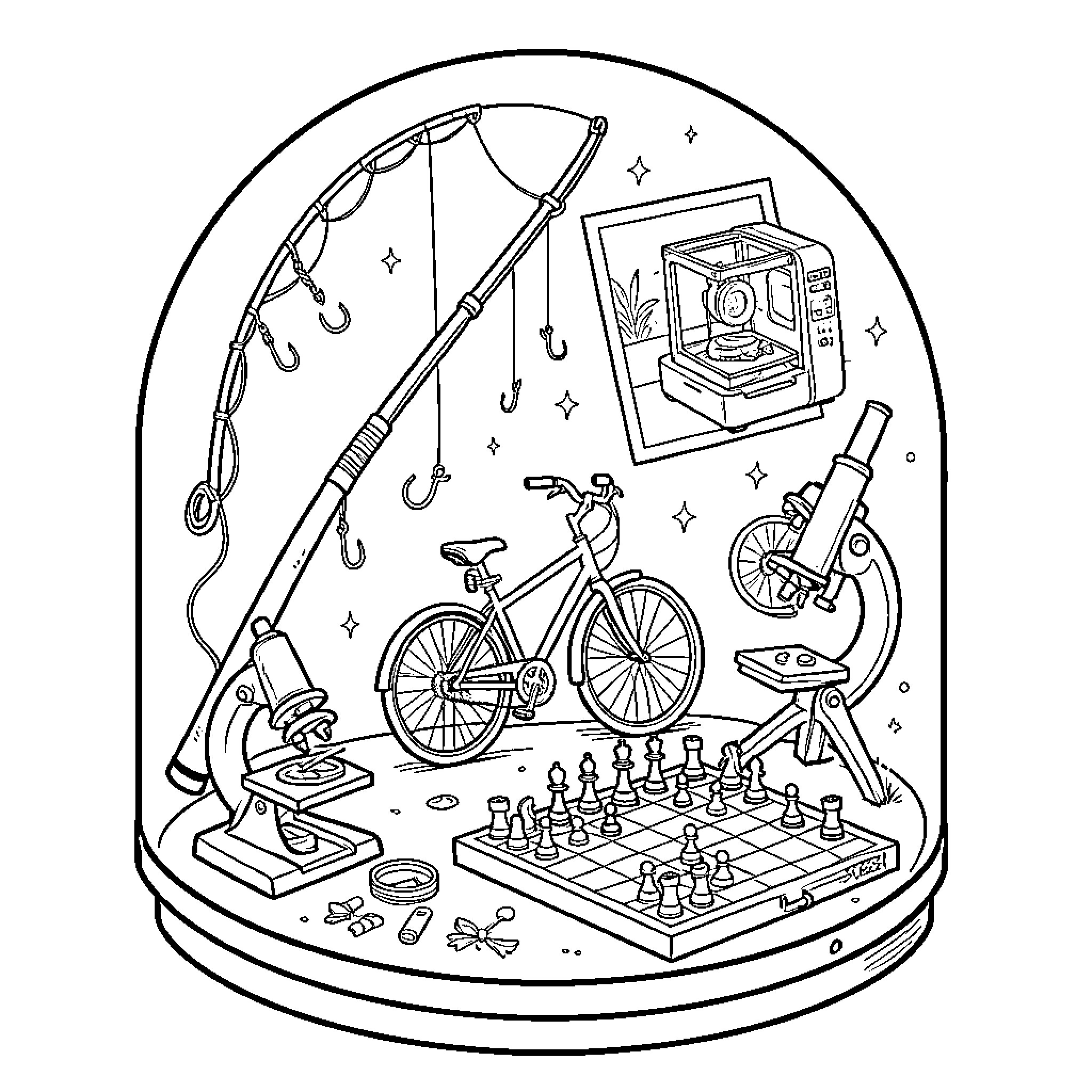 Capsule of Hobbies and Interests Coloring Page (free black-and-white line drawing printable PDF for all, from beginners to advanced learners, including children, teens, adults, and seniors)