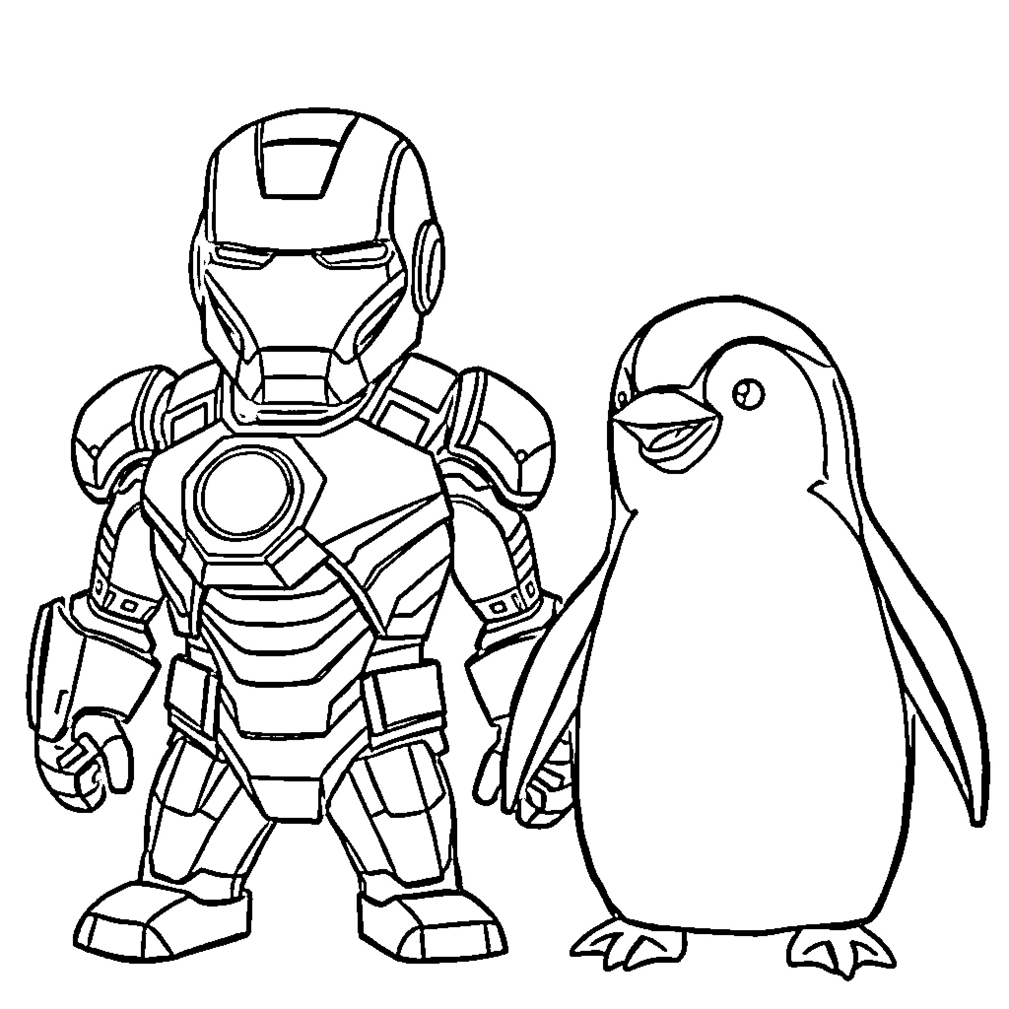 Tchoupi and the Iron Man-like Suit with a Penguin Coloring Page (free black-and-white line drawing printable PDF for all, from beginners to advanced learners, including children, teens, adults, and seniors)