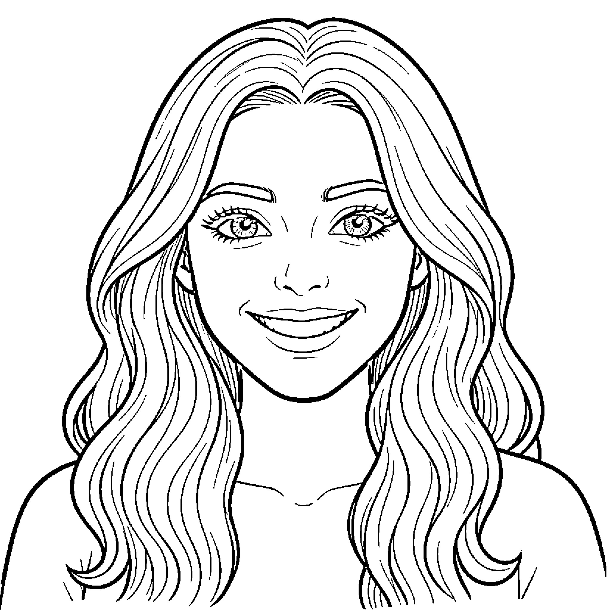 Chica smiling with long wavy hair Coloring Page (free black-and-white line drawing printable PDF for all, from beginners to advanced learners, including children, teens, adults, and seniors)