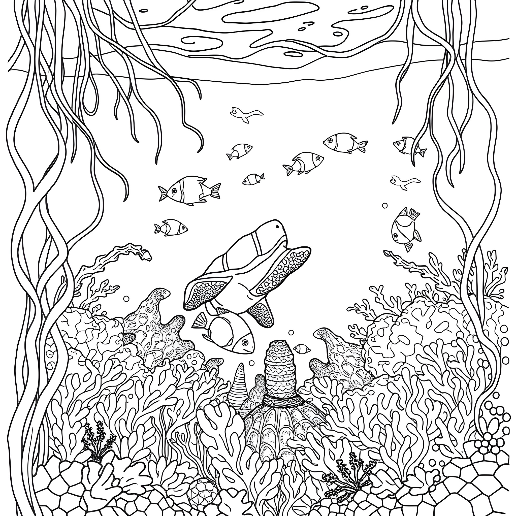 Sea Creatures Thriving in Underwater Seascape Coloring Page (free black-and-white line drawing printable PDF for all, from beginners to advanced learners, including children, teens, adults, and seniors)