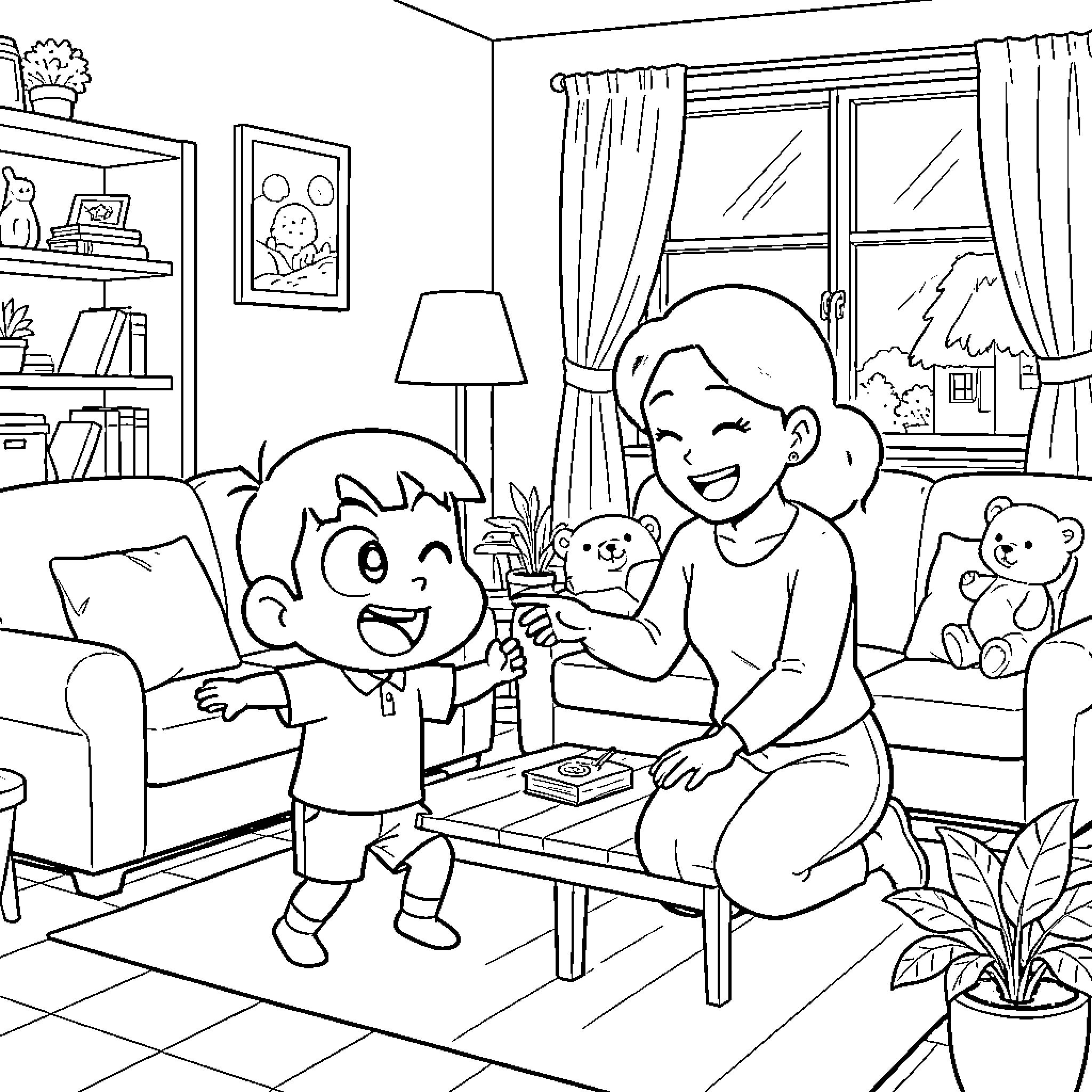 Shin Chan playing with toys in the living room Coloring Page (free black-and-white line drawing printable PDF for all, from beginners to advanced learners, including children, teens, adults, and seniors)