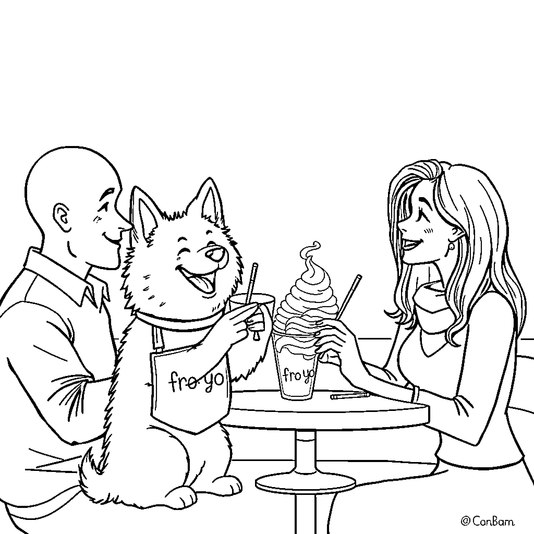 Dog enjoys ice cream with friendly owners Coloring Page (free black-and-white line drawing printable PDF for all, from beginners to advanced learners, including children, teens, adults, and seniors)