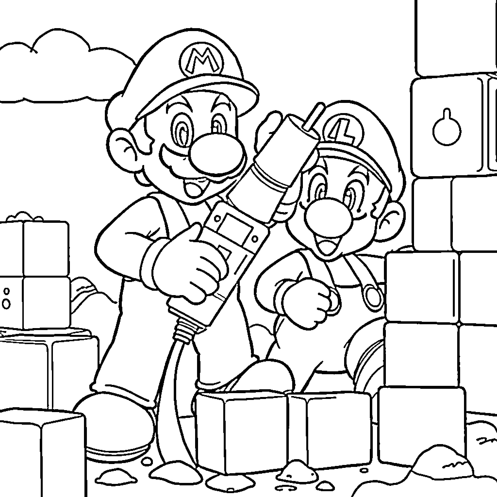 Mario and Luigi Working Together Coloring Page (free black-and-white line drawing printable PDF for all, from beginners to advanced learners, including children, teens, adults, and seniors)