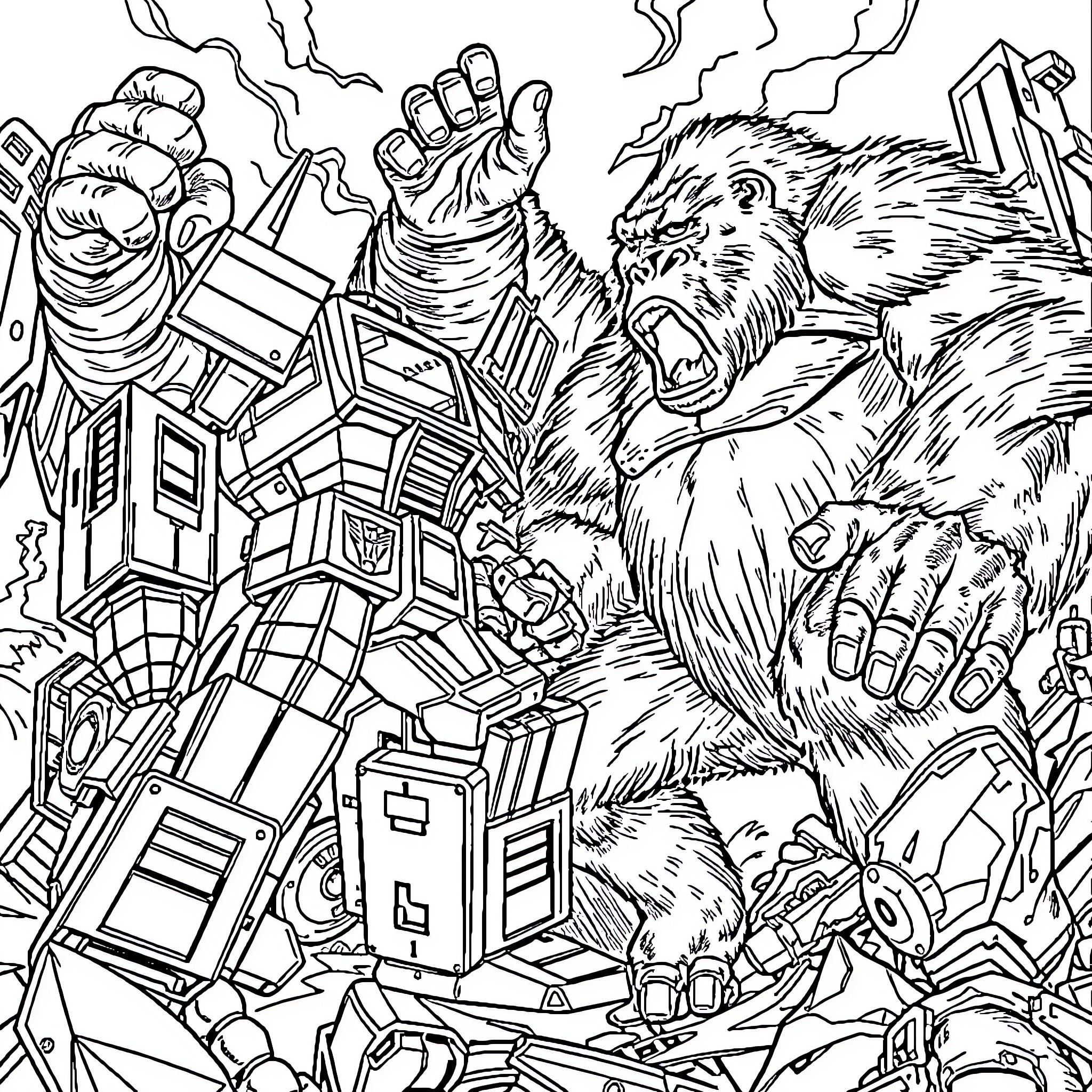 Optimus Prime battles against a fierce robotic beast Coloring Page (free black-and-white line drawing printable PDF for all, from beginners to advanced learners, including children, teens, adults, and seniors)