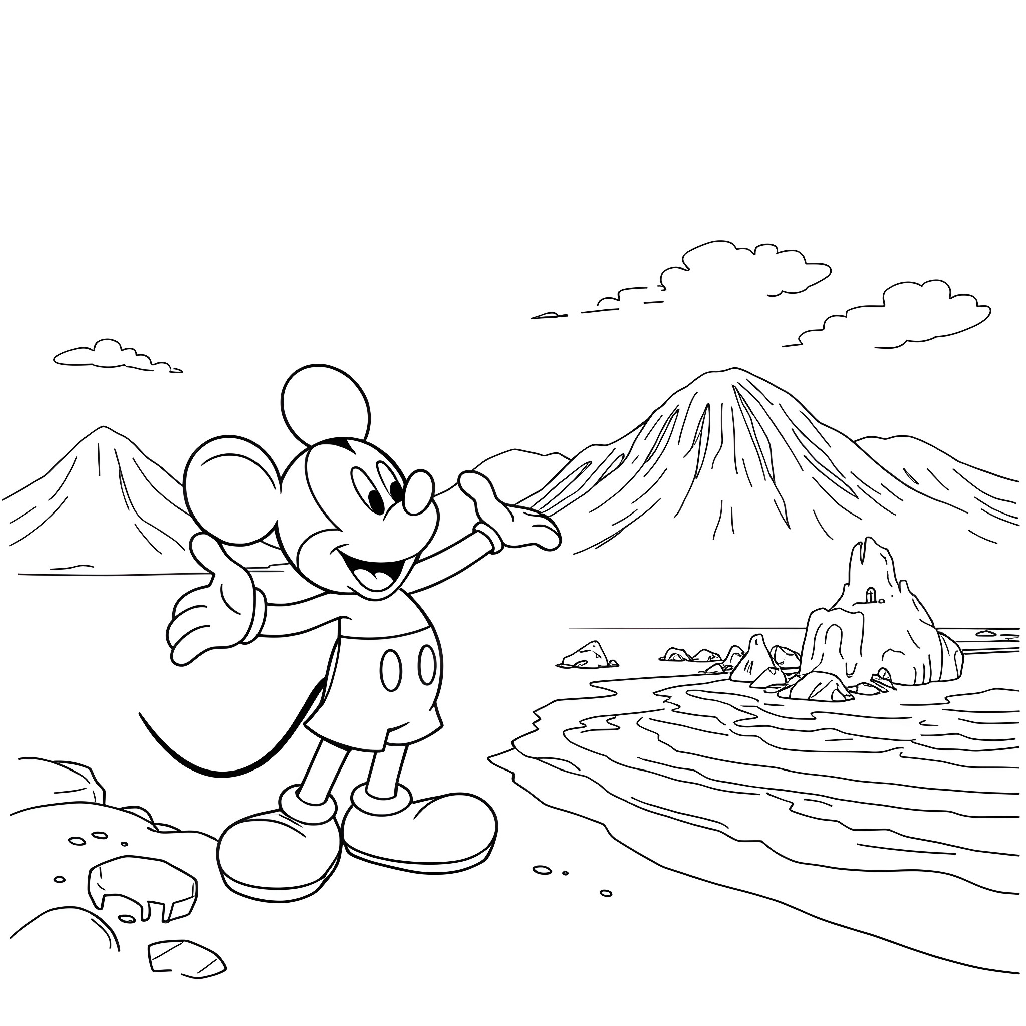 Mickey Mouse exploring the scenic mountains Coloring Page (free black-and-white line drawing printable PDF for all, from beginners to advanced learners, including children, teens, adults, and seniors)