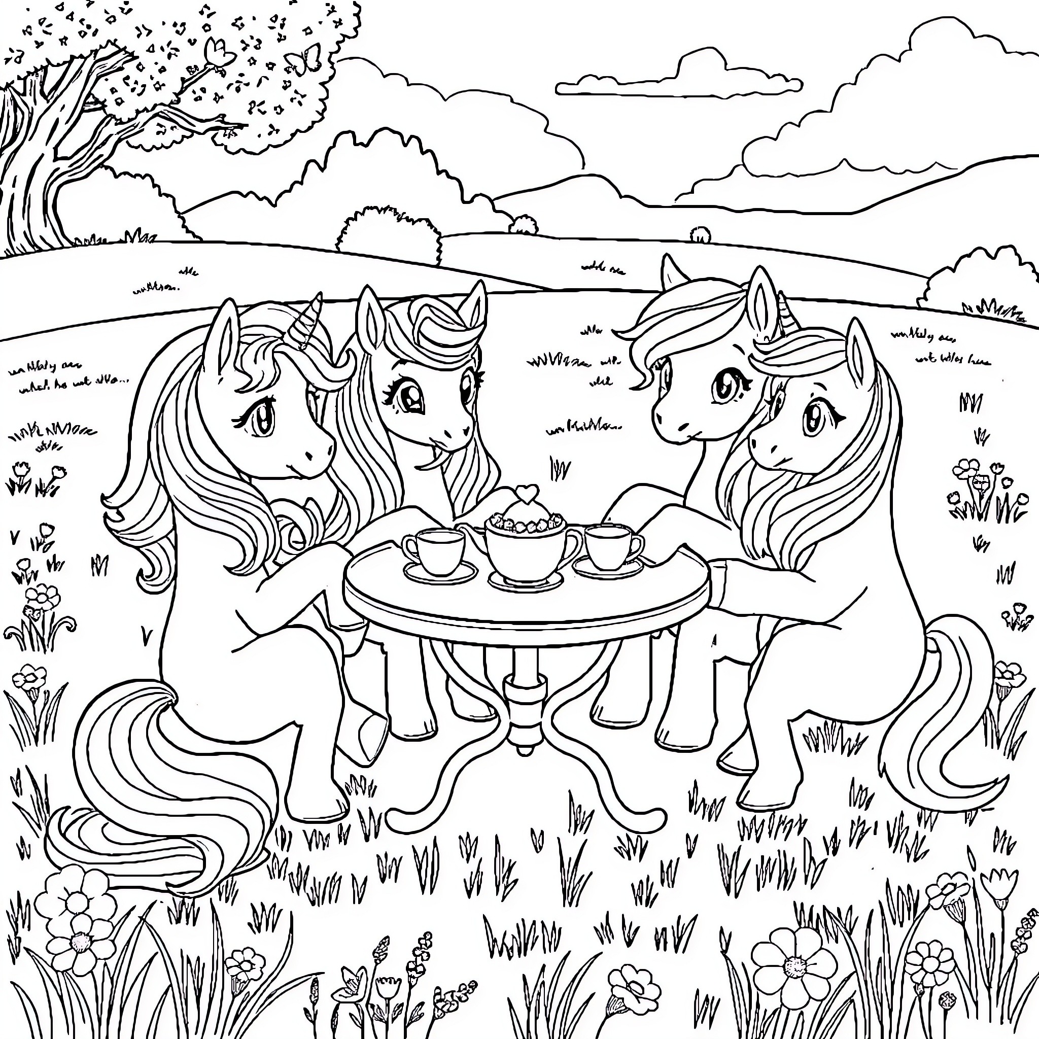 Ponies Enjoying a Picnic Outdoors Coloring Page (free black-and-white line drawing printable PDF for all, from beginners to advanced learners, including children, teens, adults, and seniors)