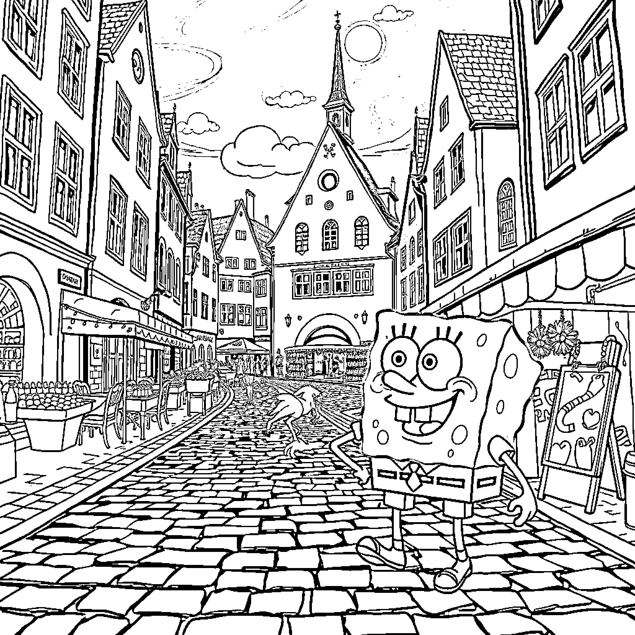 Spongebob explores a quaint European town Coloring Page (free black-and-white line drawing printable PDF for all, from beginners to advanced learners, including children, teens, adults, and seniors)