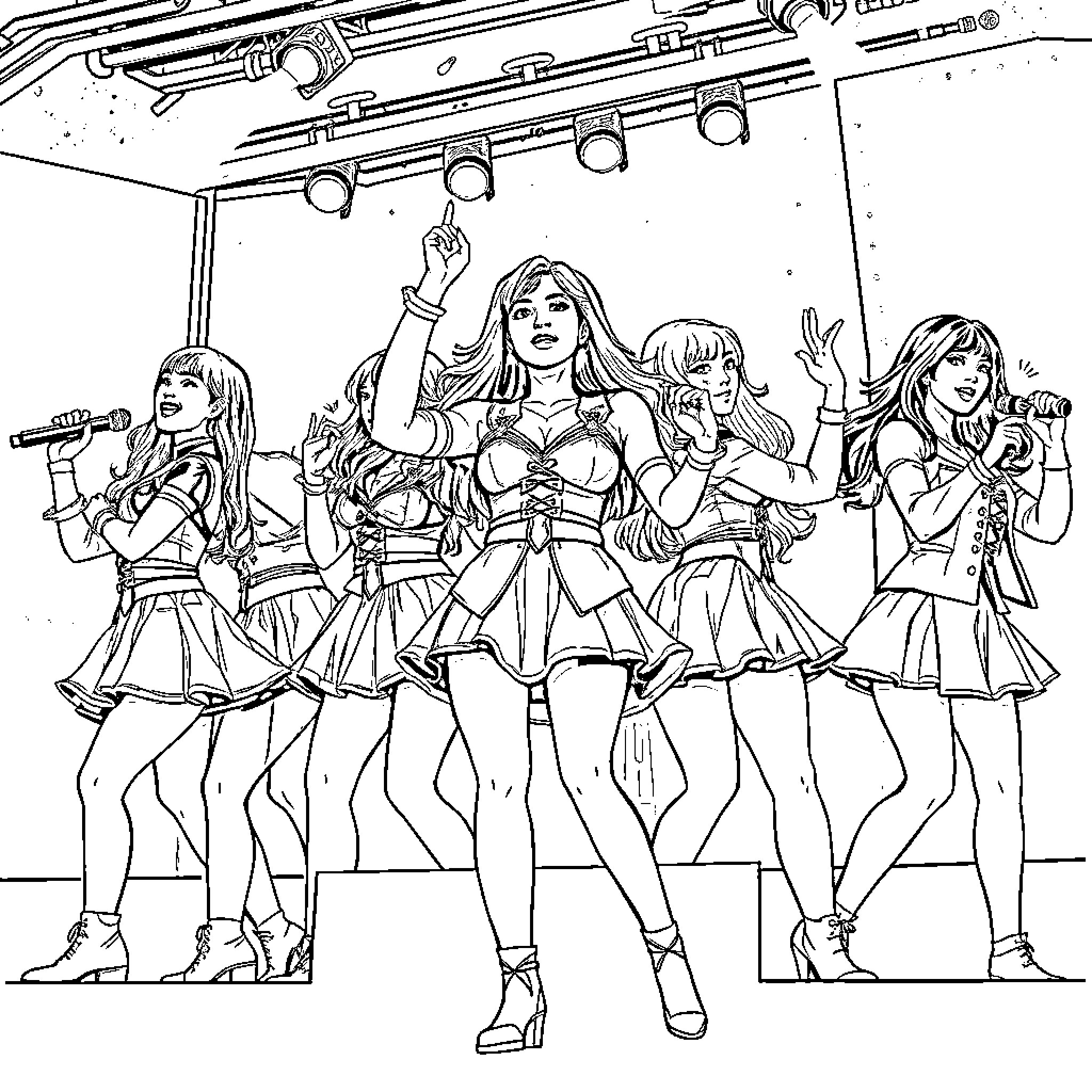 Kpop Warriors Performing on Stage with Passion Coloring Page (free black-and-white line drawing printable PDF for all, from beginners to advanced learners, including children, teens, adults, and seniors)