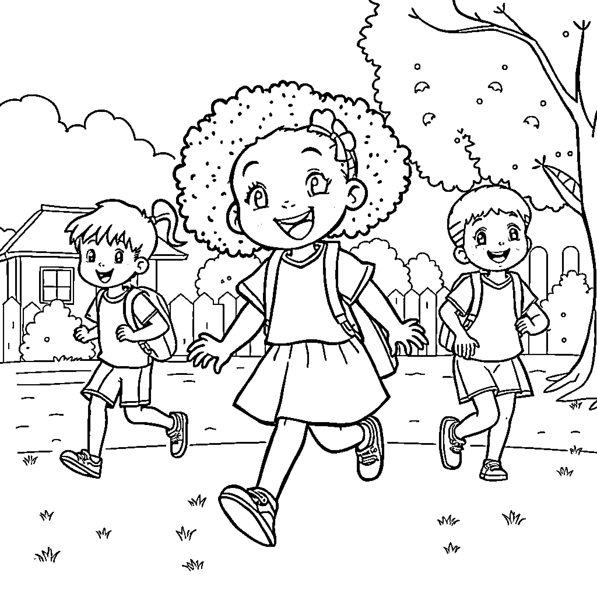 Girl Enjoying Outdoor Play with Friends Coloring Page (free black-and-white line drawing printable PDF for all, from beginners to advanced learners, including children, teens, adults, and seniors)