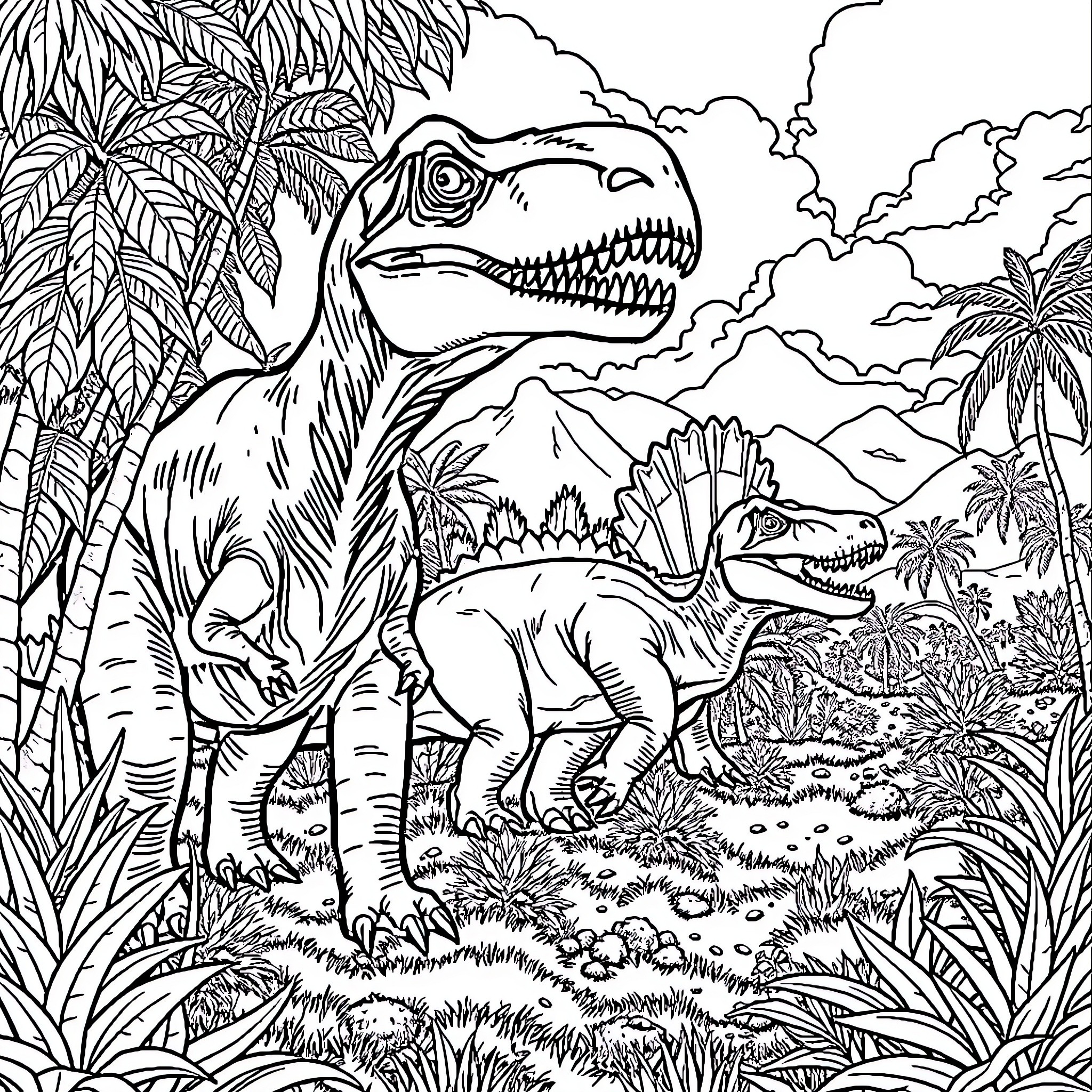 Dinosaurs in Prehistoric Landscape Coloring Page (free black-and-white line drawing printable PDF for all, from beginners to advanced learners, including children, teens, adults, and seniors)