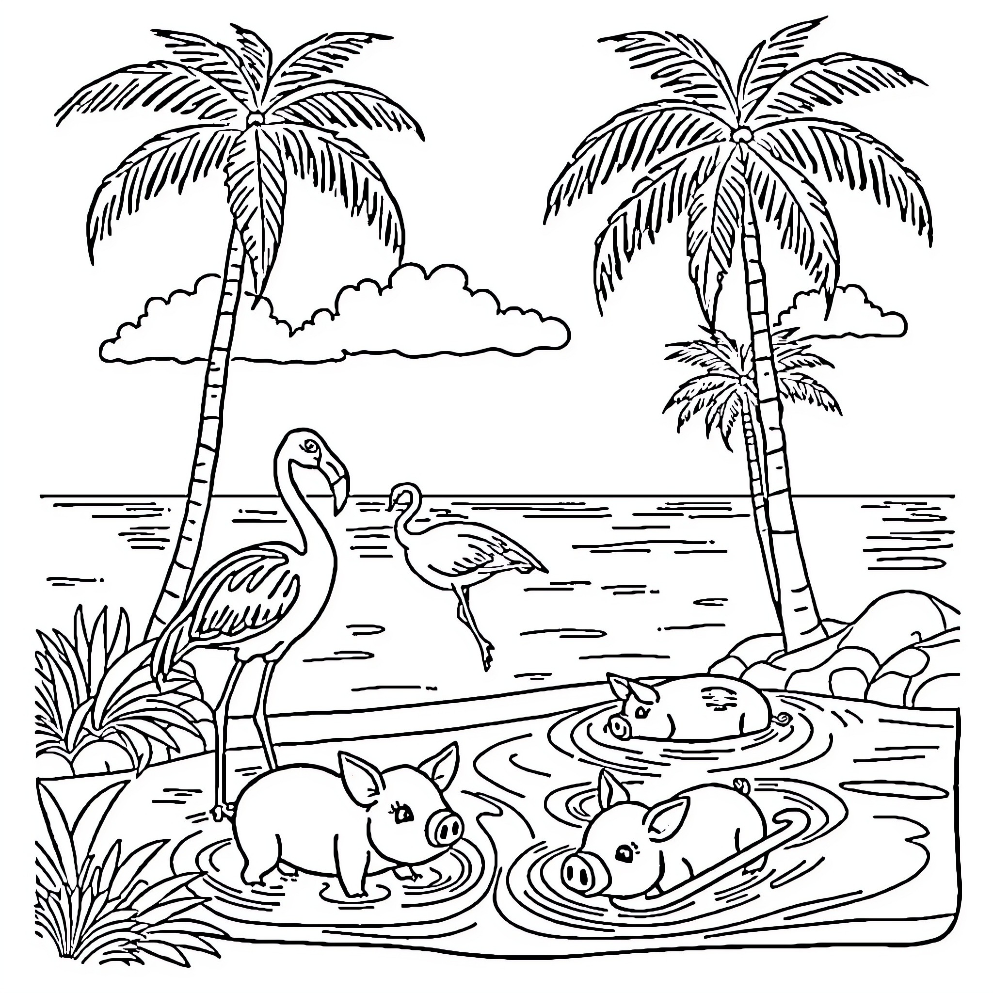 Flamingos and pigs in tropical beach scene Coloring Page (free black-and-white line drawing printable PDF for all, from beginners to advanced learners, including children, teens, adults, and seniors)