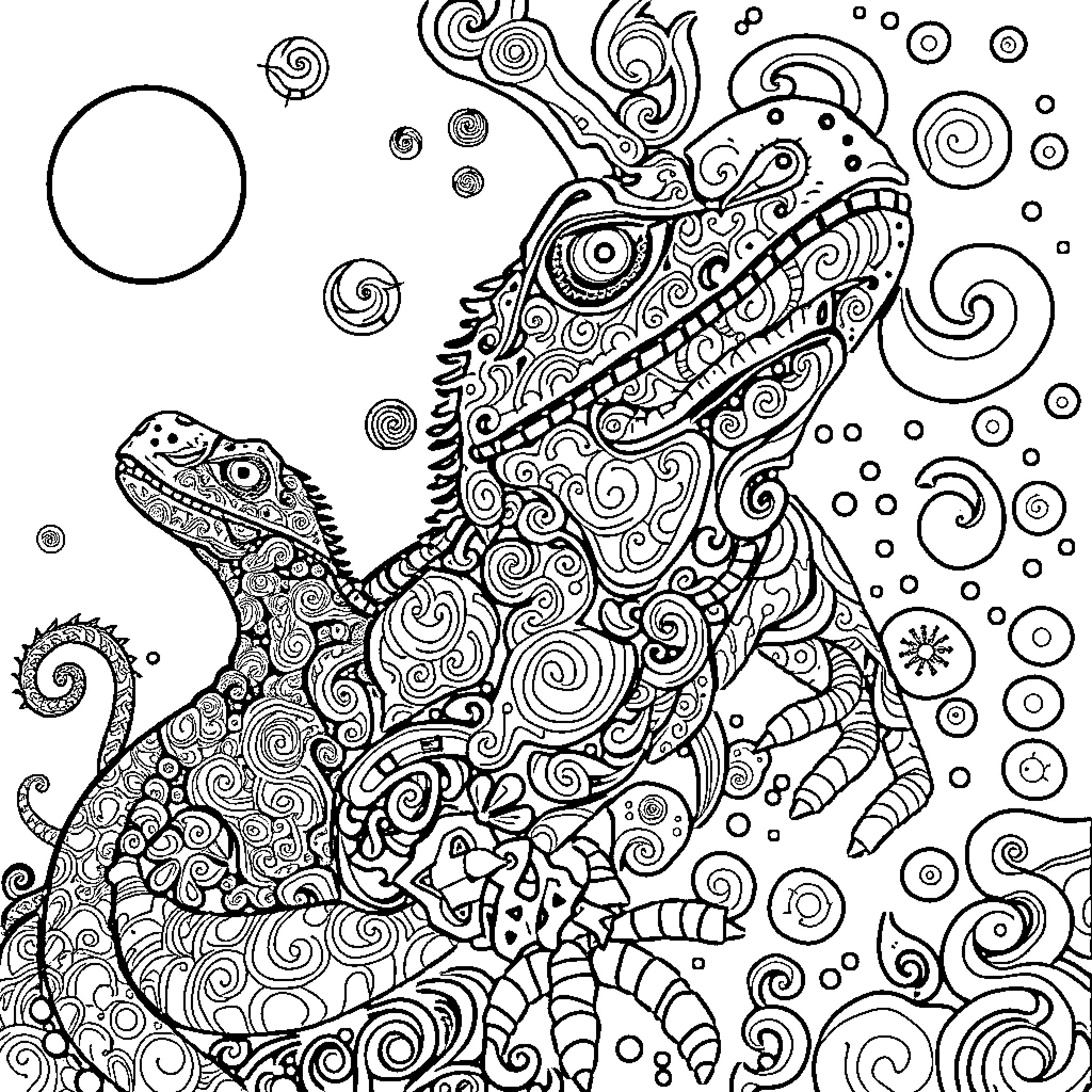 King Gizzard's Psychedelic Reptilian Realm Coloring Page (free black-and-white line drawing printable PDF for all, from beginners to advanced learners, including children, teens, adults, and seniors)